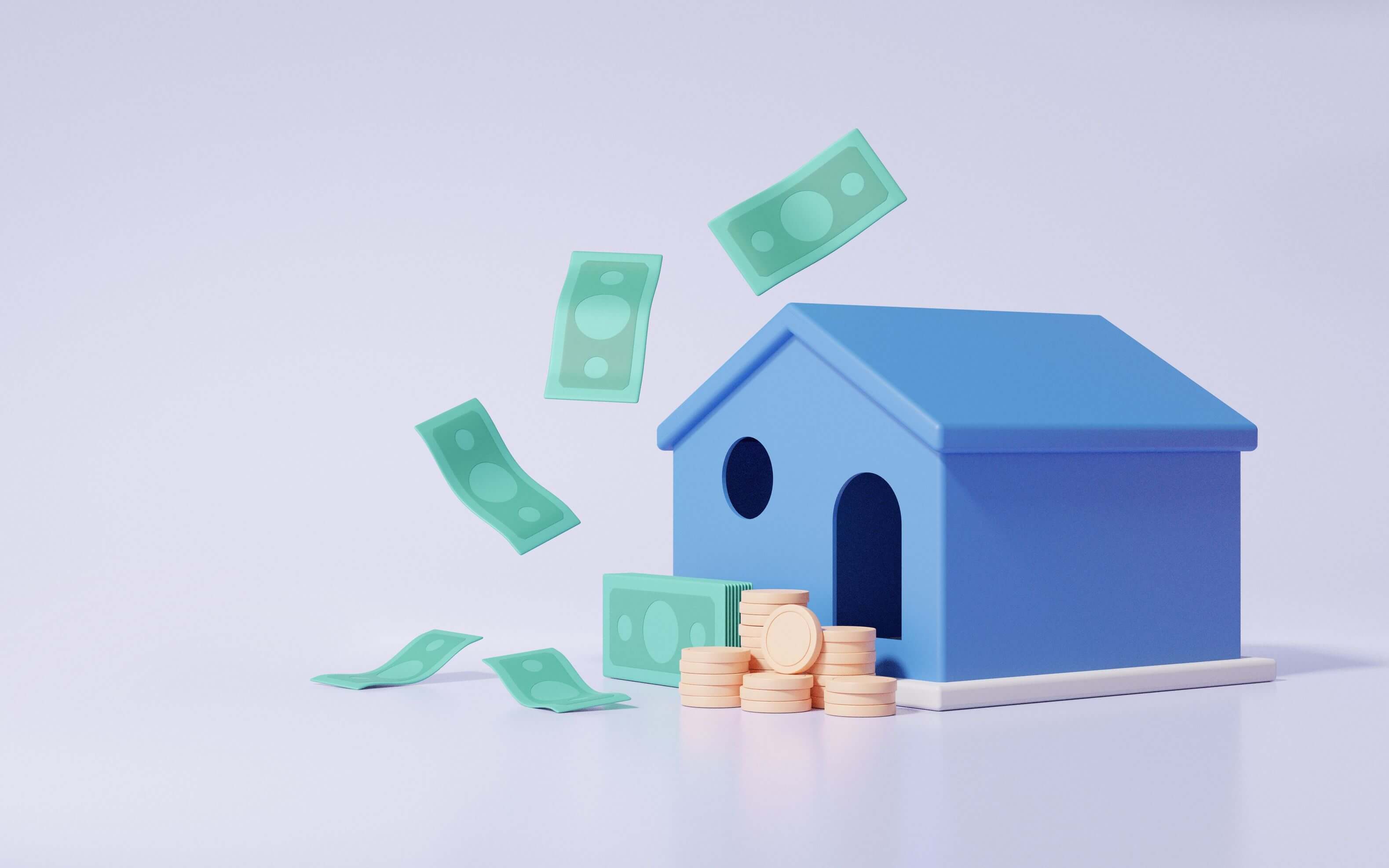 Papiergeld, Gummigoldmünzen und ein blaues Haus auf grauem Hintergrund Papiergeld, Gummigoldmünzen und ein blaues Haus auf grauem Hintergrund