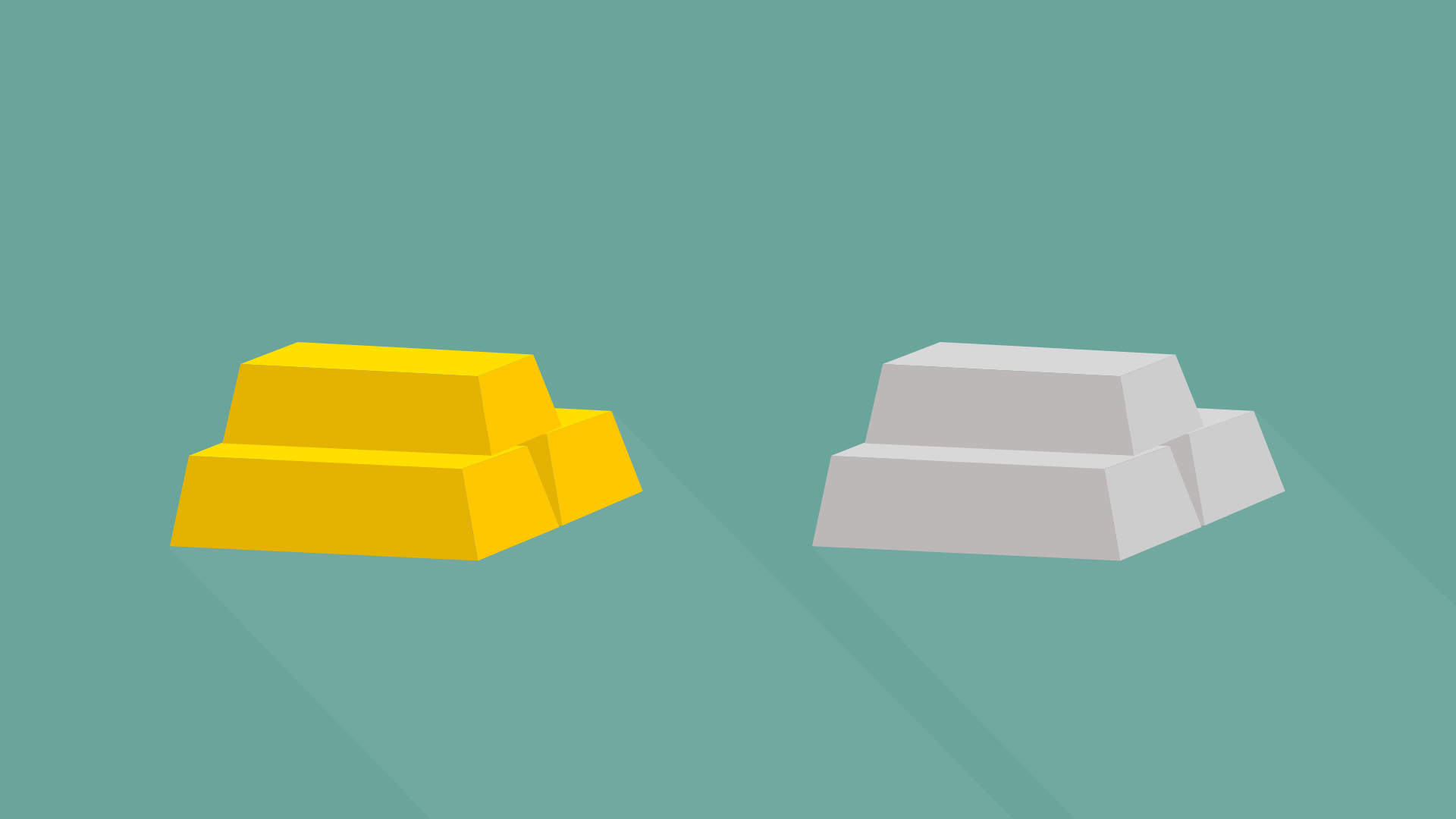 gold and silver bar piles on a light green background gold and silver bar piles on a light green background
