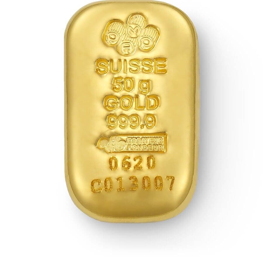 Immagine di un lingotto d’oro puro 999,9 da 50 grammi di PAMP Suisse Immagine di un lingotto d’oro puro 999,9 da 50 grammi di PAMP Suisse