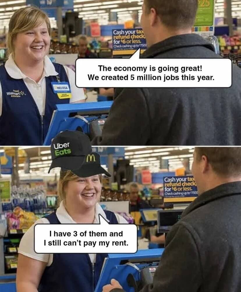 Ein Meme, das sich über das Jobwachstum in den USA und die hohe Inflation lustig macht Ein Meme, das sich über das Jobwachstum in den USA und die hohe Inflation lustig macht