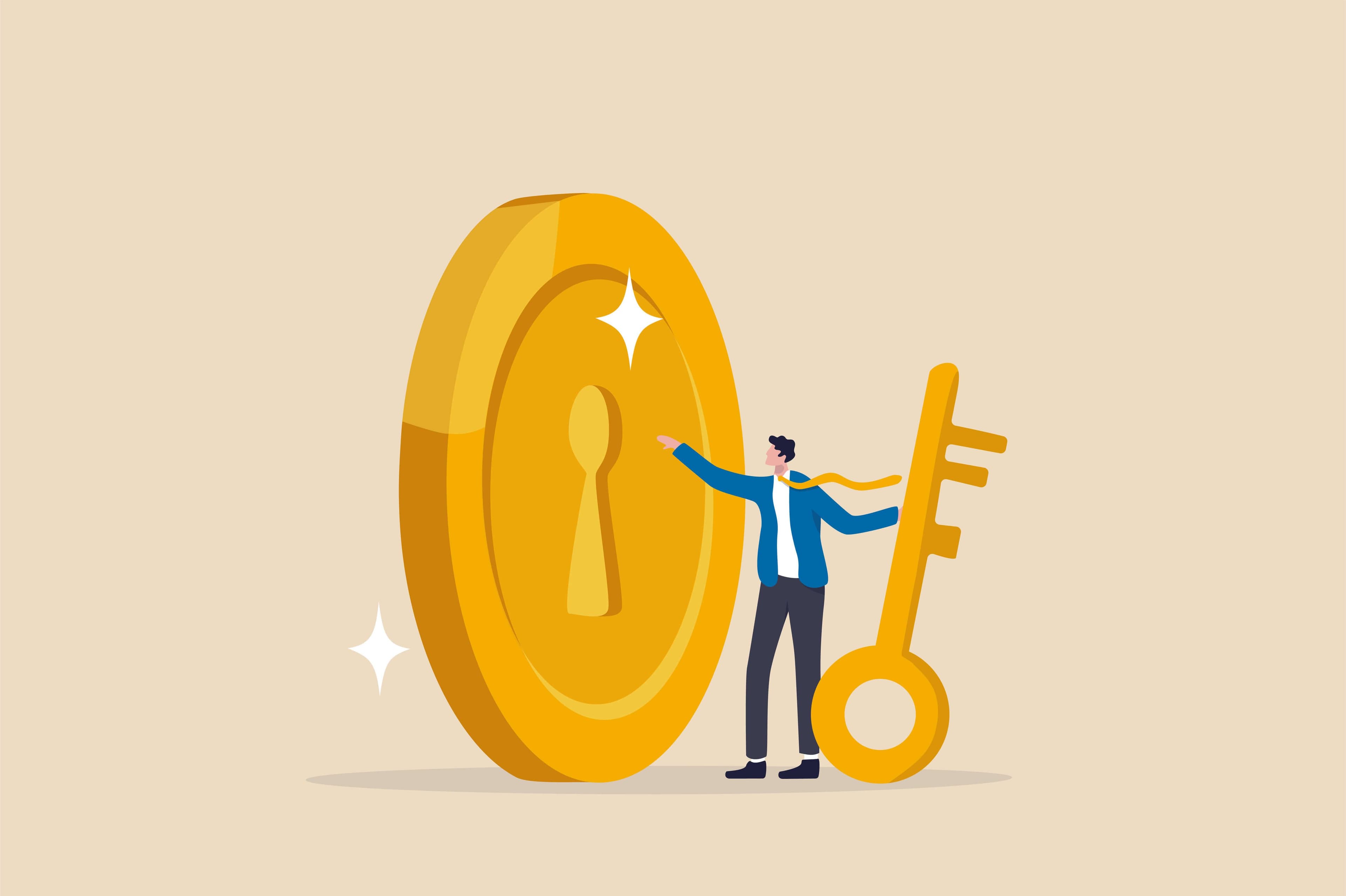 Man trying to unlock gold coin with golden key Man trying to unlock gold coin with golden key