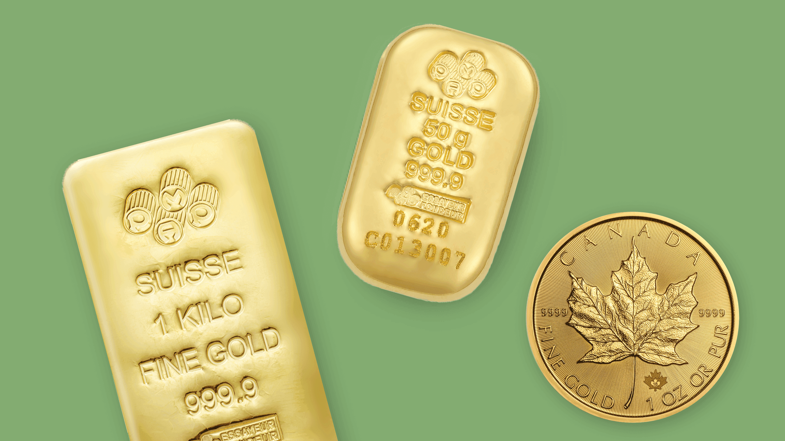 PAMP Suisse Gold Bars and Canada Maple Leaf coin on a green background PAMP Suisse Gold Bars and Canada Maple Leaf coin on a green background