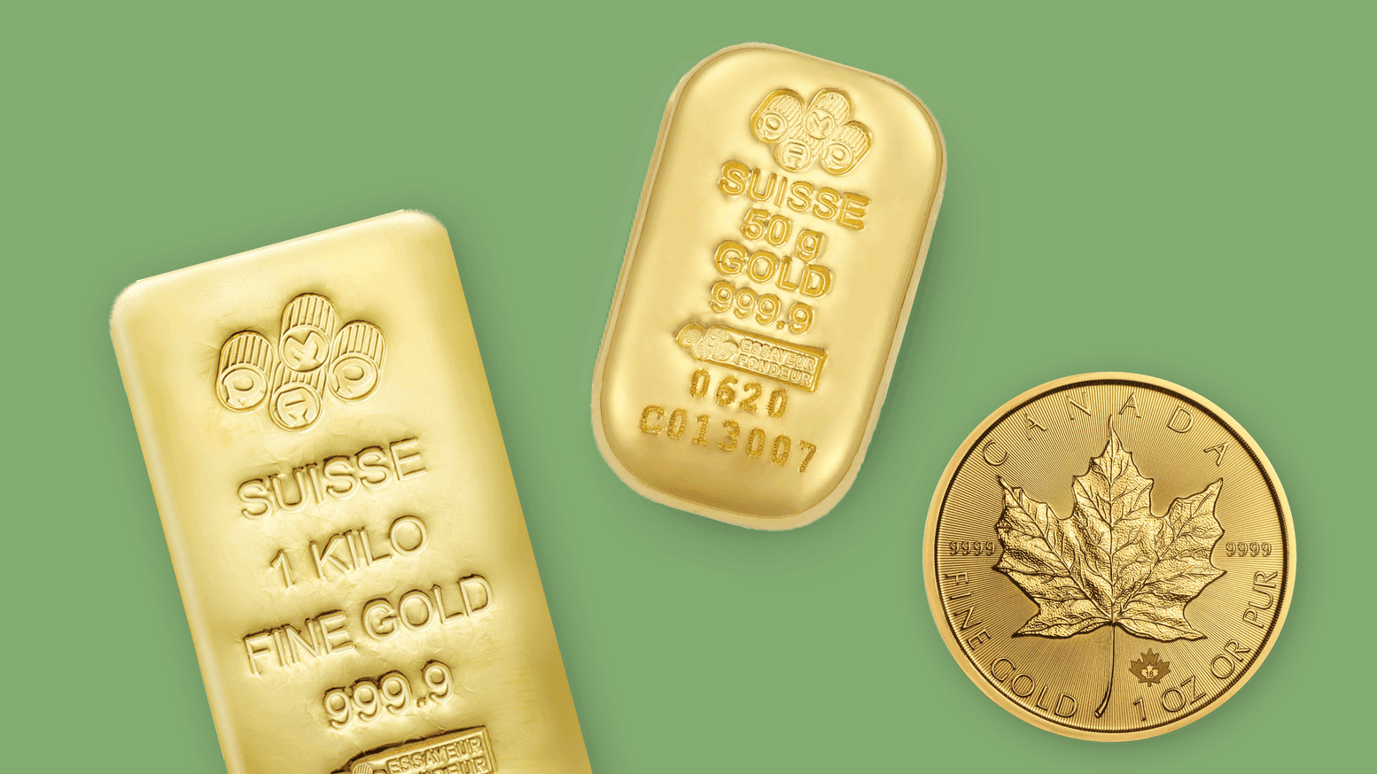 ein 1 kg PAMP Suisse 999.9 Feingoldbarren, ein 50 g PAMP Suisse 999.9 Feingoldbarren und eine 1 oz kanadische Maple Leaf Goldmünze auf hellgrünem Hintergrund ein 1 kg PAMP Suisse 999.9 Feingoldbarren, ein 50 g PAMP Suisse 999.9 Feingoldbarren und eine 1 oz kanadische Maple Leaf Goldmünze auf hellgrünem Hintergrund