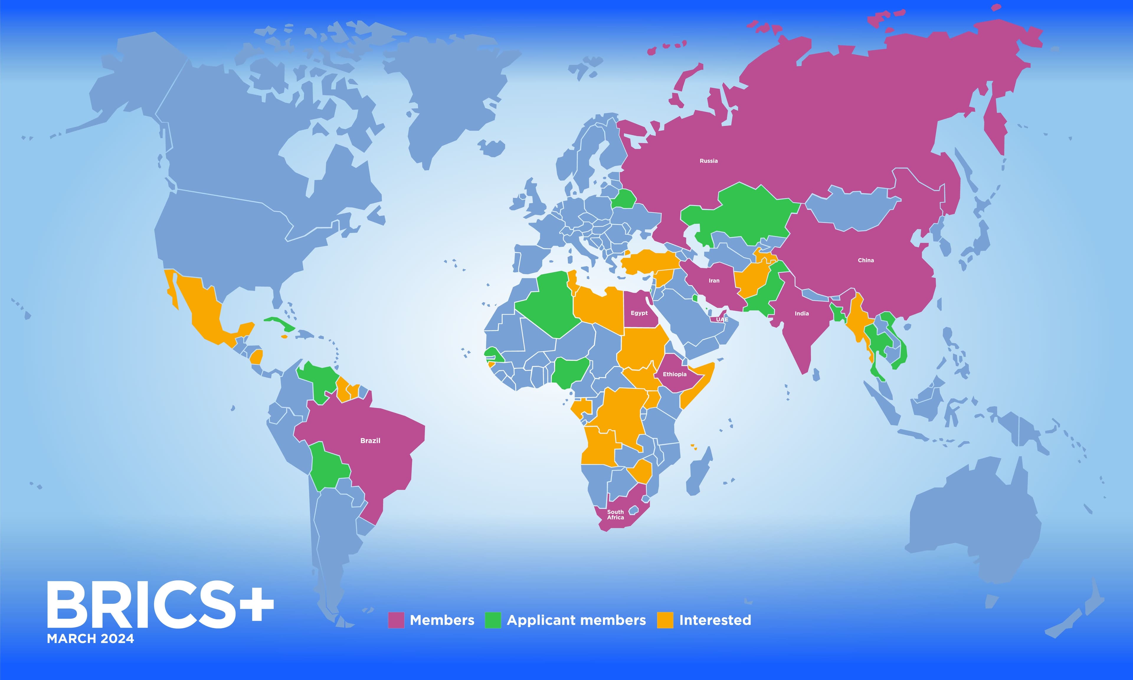 Map of BRICS as of March 2024, showing member countries in pink, applicant members in green, and interested countries in yellow. Map of BRICS as of March 2024, showing member countries in pink, applicant members in green, and interested countries in yellow.