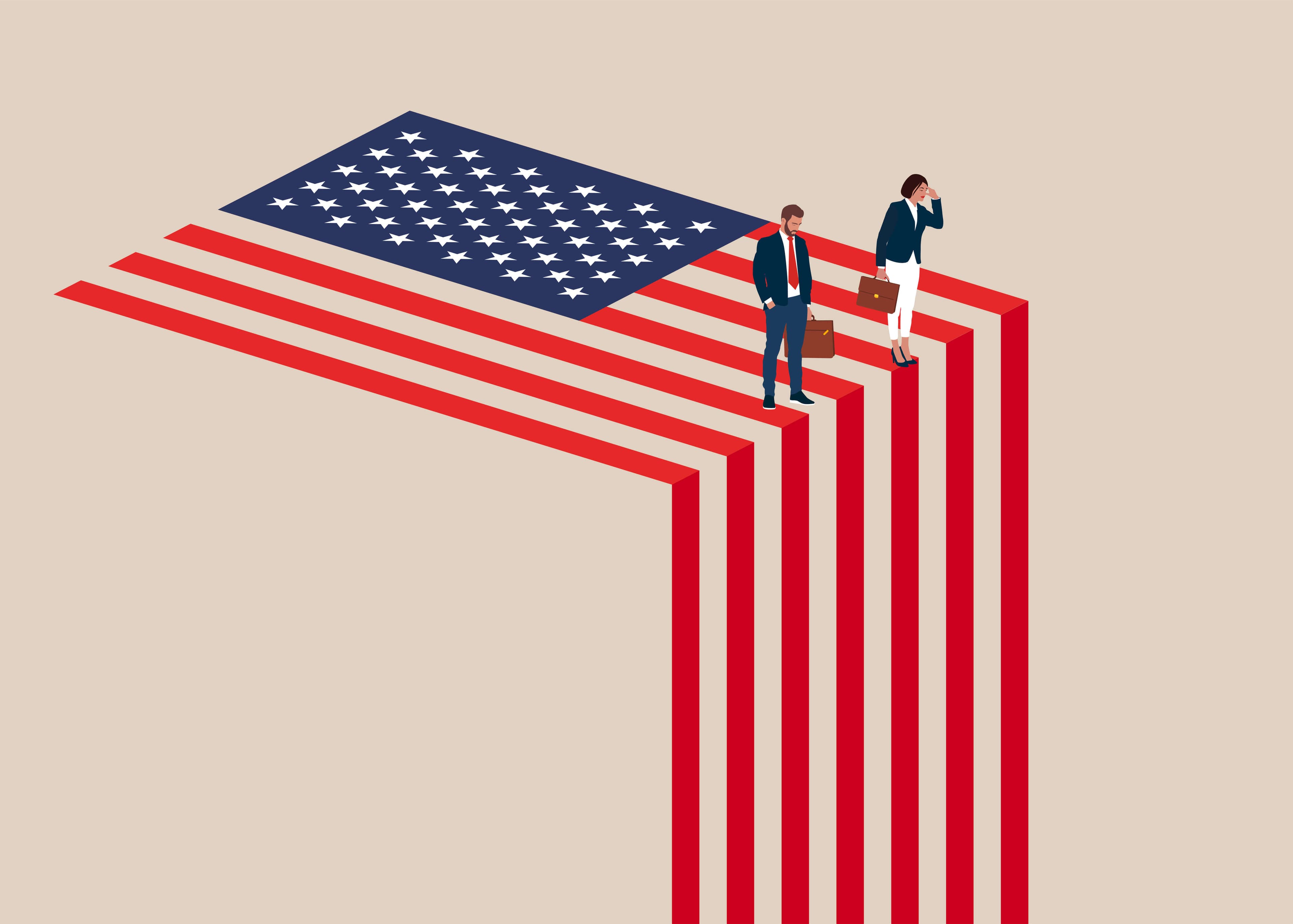 Two men stand on the edge of the US flag, gazing downward, each clutching a suitcase. Two men stand on the edge of the US flag, gazing downward, each clutching a suitcase.
