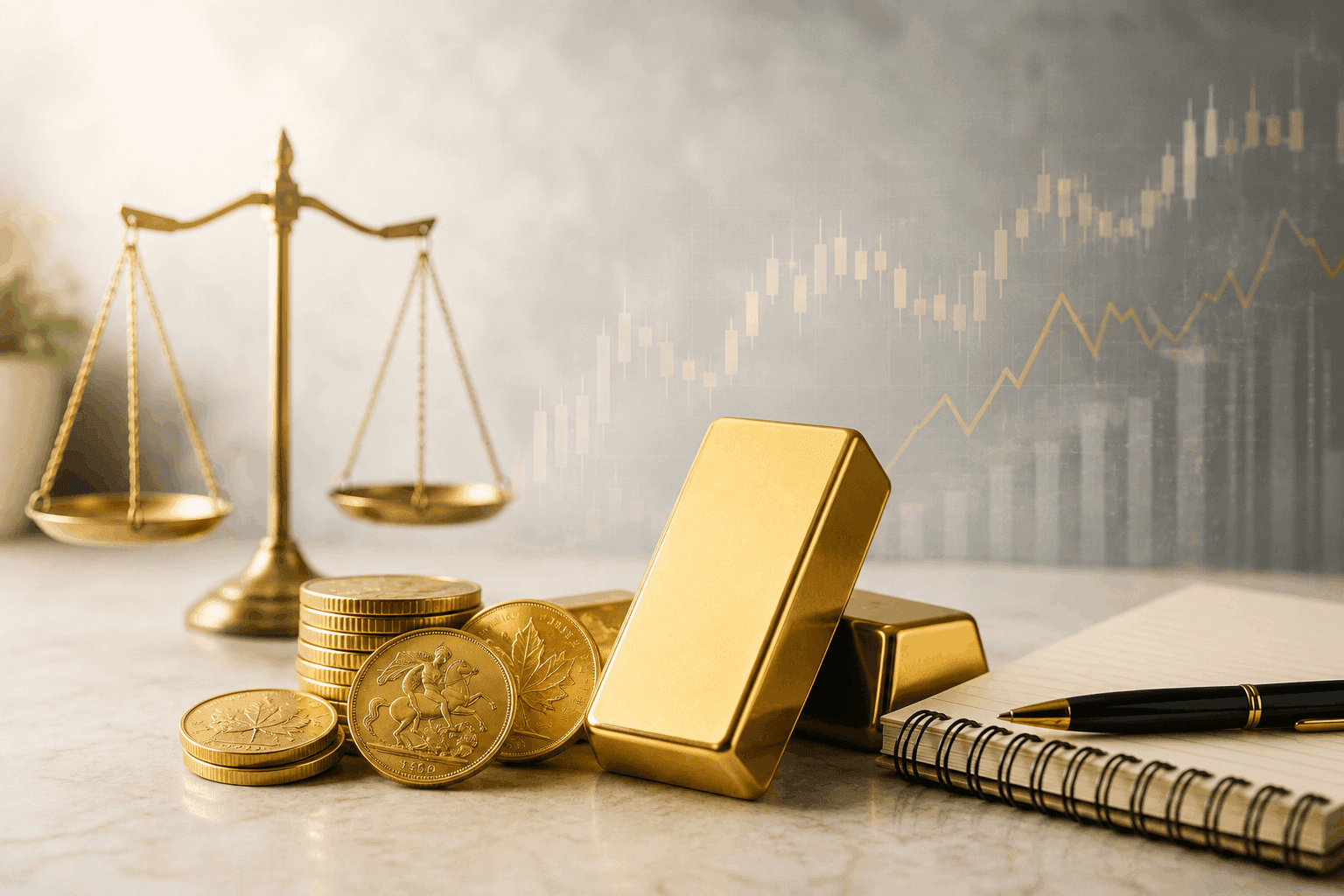 lingots et pieces d'or devant une balance