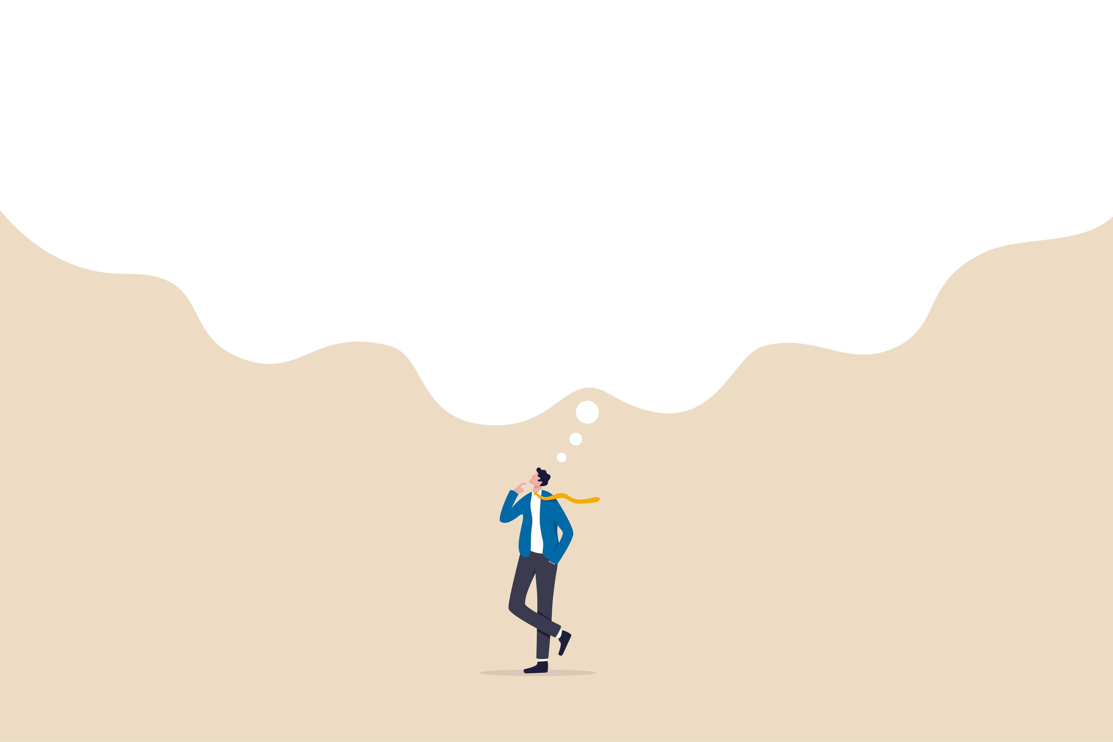 Nachdenklicher Geschäftsmann mit großer Gedankenblase – Darstellung von Überlegungen oder strategischem Denken Nachdenklicher Geschäftsmann mit großer Gedankenblase – Darstellung von Überlegungen oder strategischem Denken