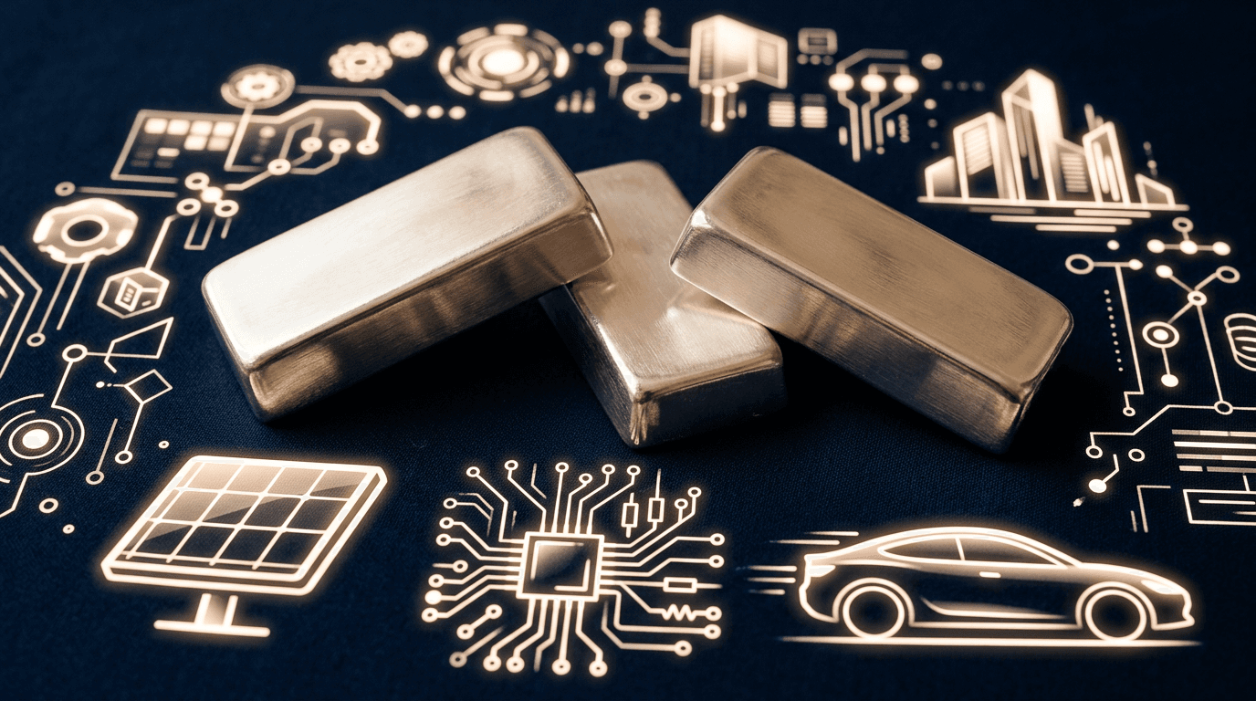 Lingotti d'argento circondati da icone luminose che rappresentano i driver della domanda industriale: pannelli solari, microchip, veicoli elettrici e città.