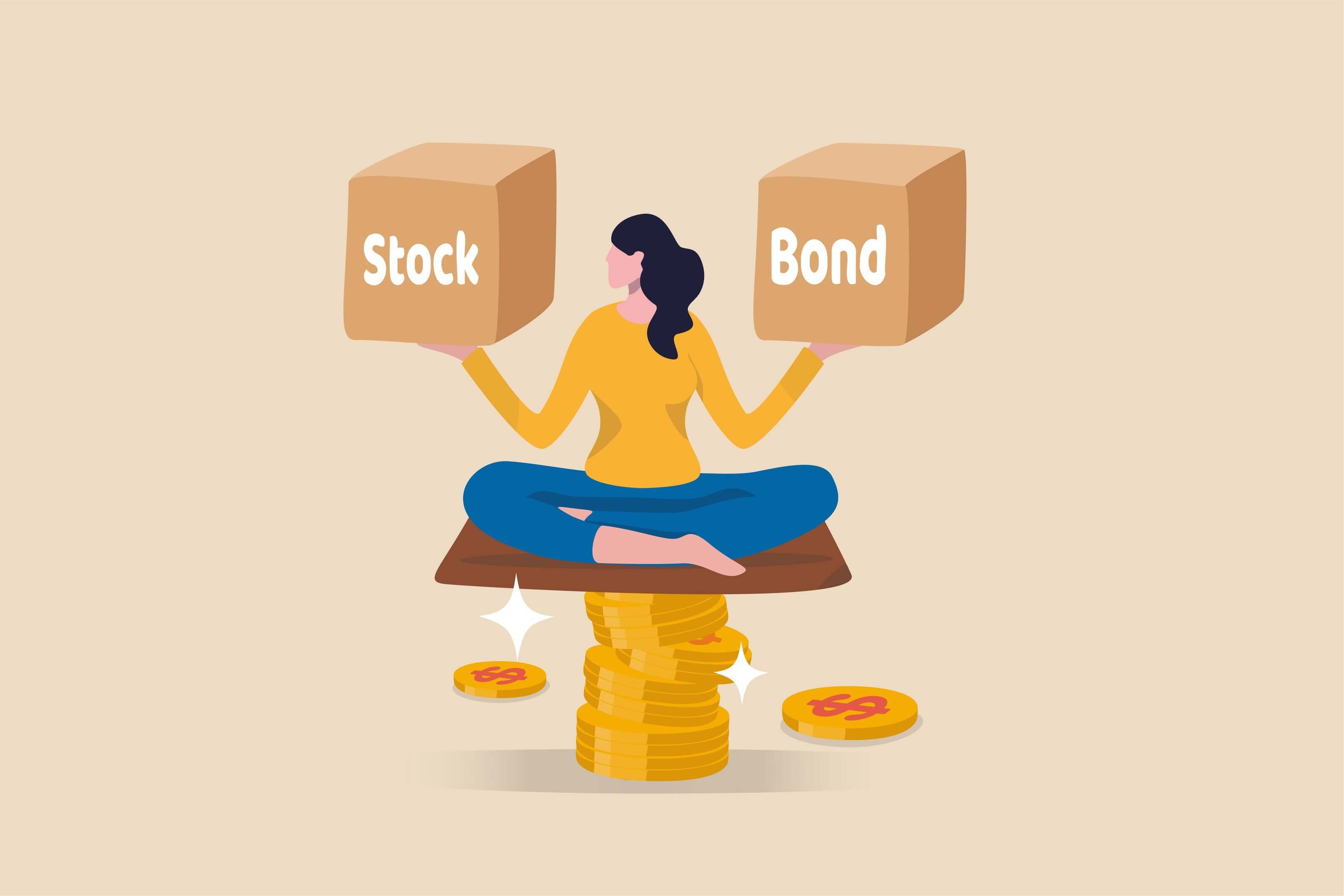 L’investimento in azioni rappresentato da una vignetta con una donna in equilibrio su una pila di monete d’oro che tiene in mano due cubi con la scritta “azioni” e “obbligazioni”. L’investimento in azioni rappresentato da una vignetta con una donna in equilibrio su una pila di monete d’oro che tiene in mano due cubi con la scritta “azioni” e “obbligazioni”.