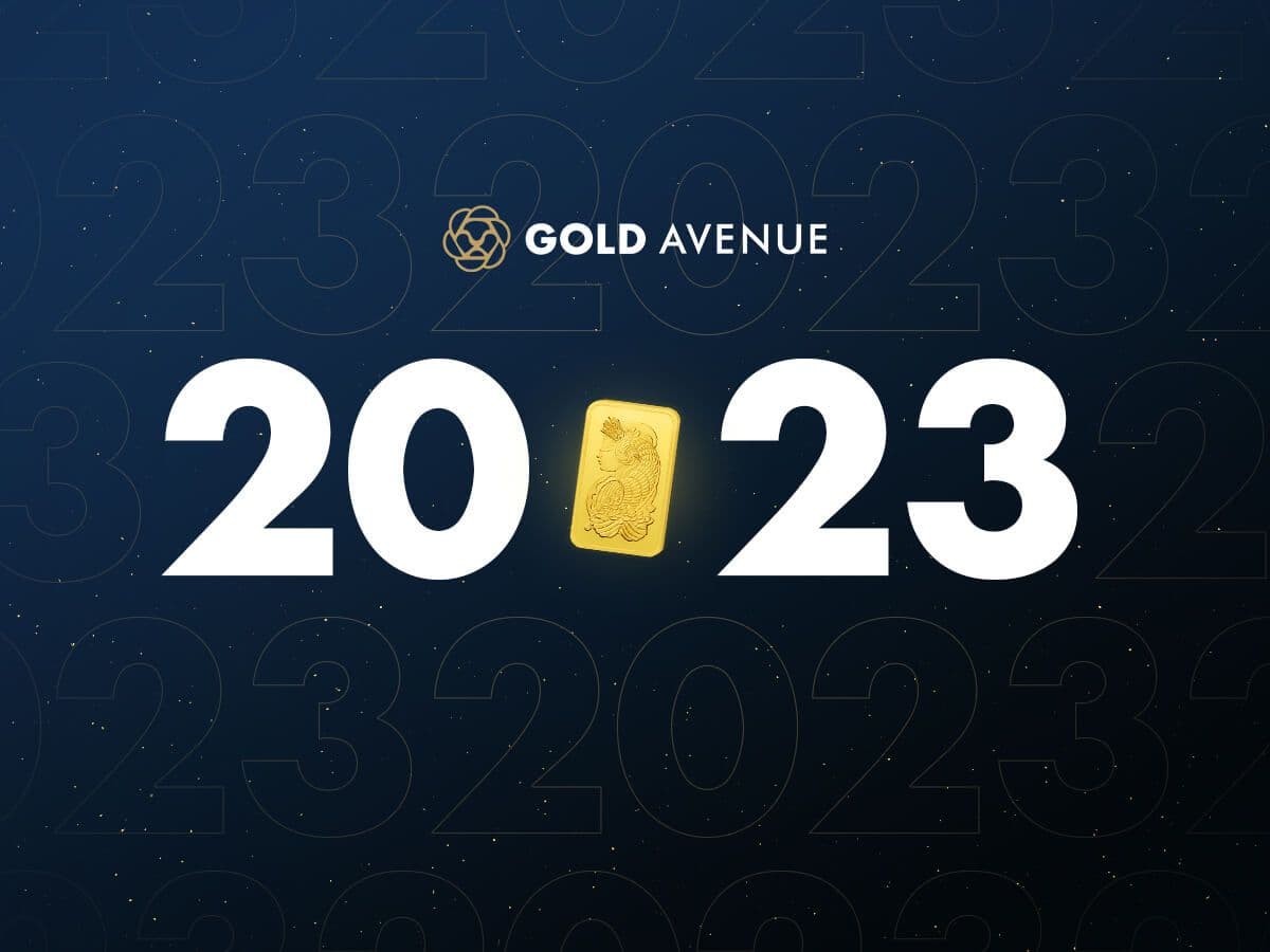 Happy holidays from the GOLD AVENUE team The GOLD AVENUE logo, and year 2023 with the Lady Fortuna gold bar on the dark blue background