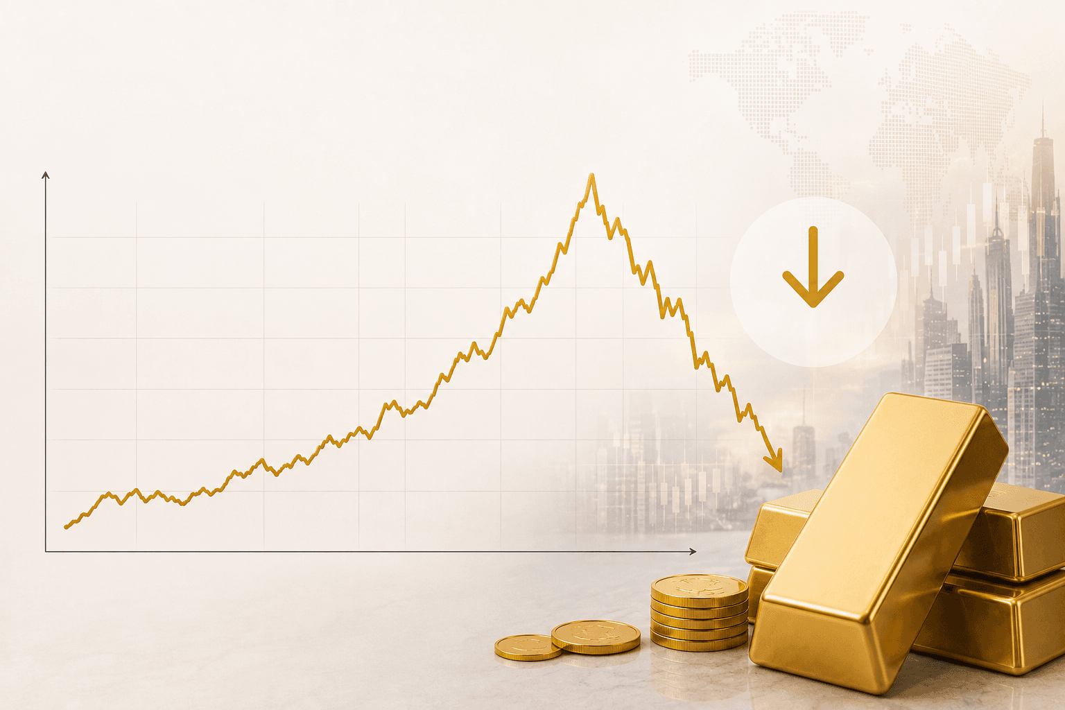 lingots et pieces d'or devant un graphique