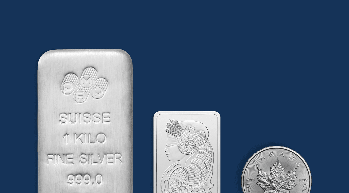 Investire in argento ed evitare l’IVA: è possibile? PAMP Suisse: lingotto d'argento da 1 chilo esente da IVA, lingotto d'argento Lady Fortuna e moneta da 1 oz Maple Leaf.