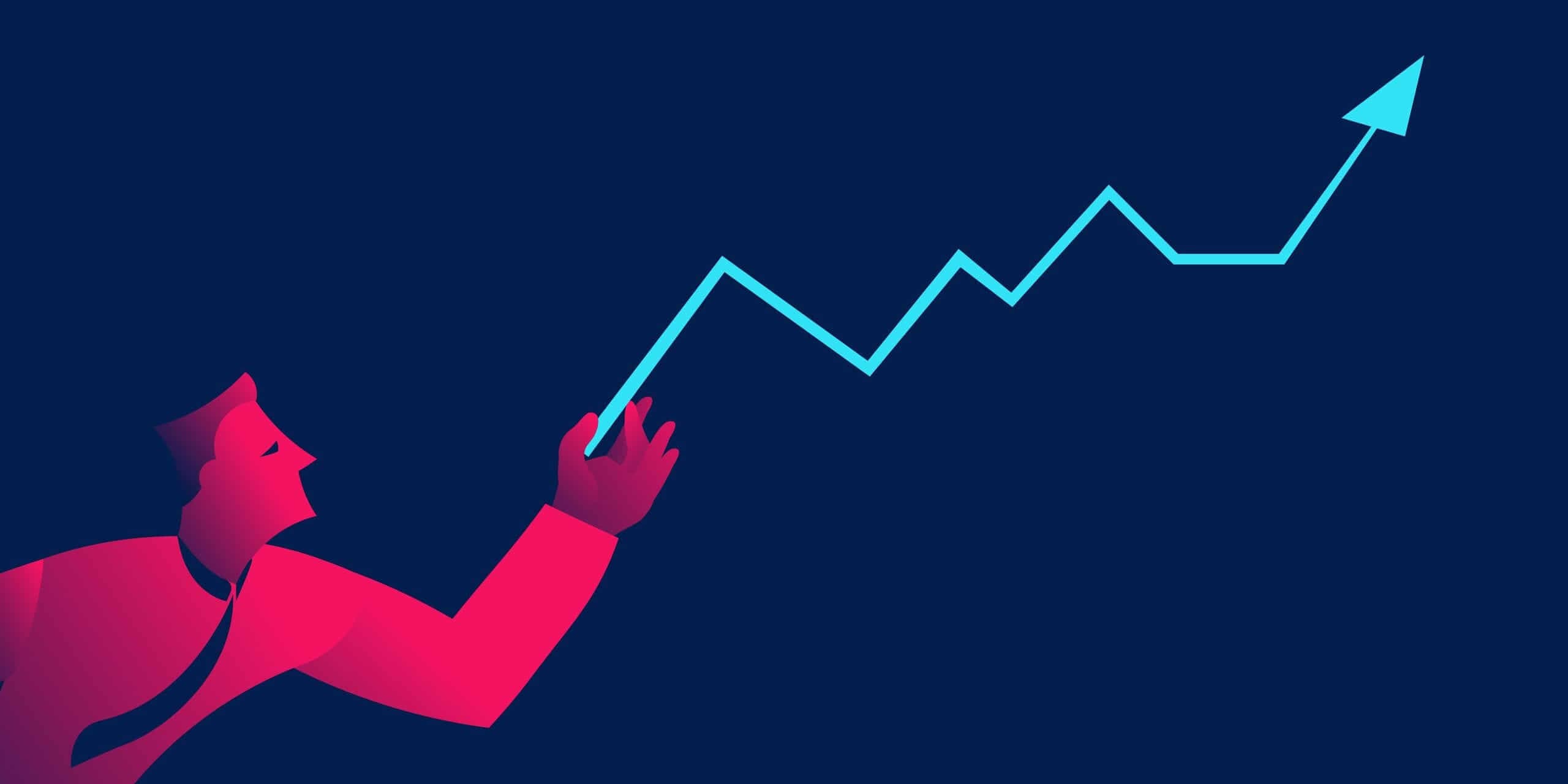 Un uomo che guarda un grafico azzurro in crescita che rappresenta l’aumento della quotazione dell’argento. Un uomo che guarda un grafico azzurro in crescita che rappresenta l’aumento della quotazione dell’argento.