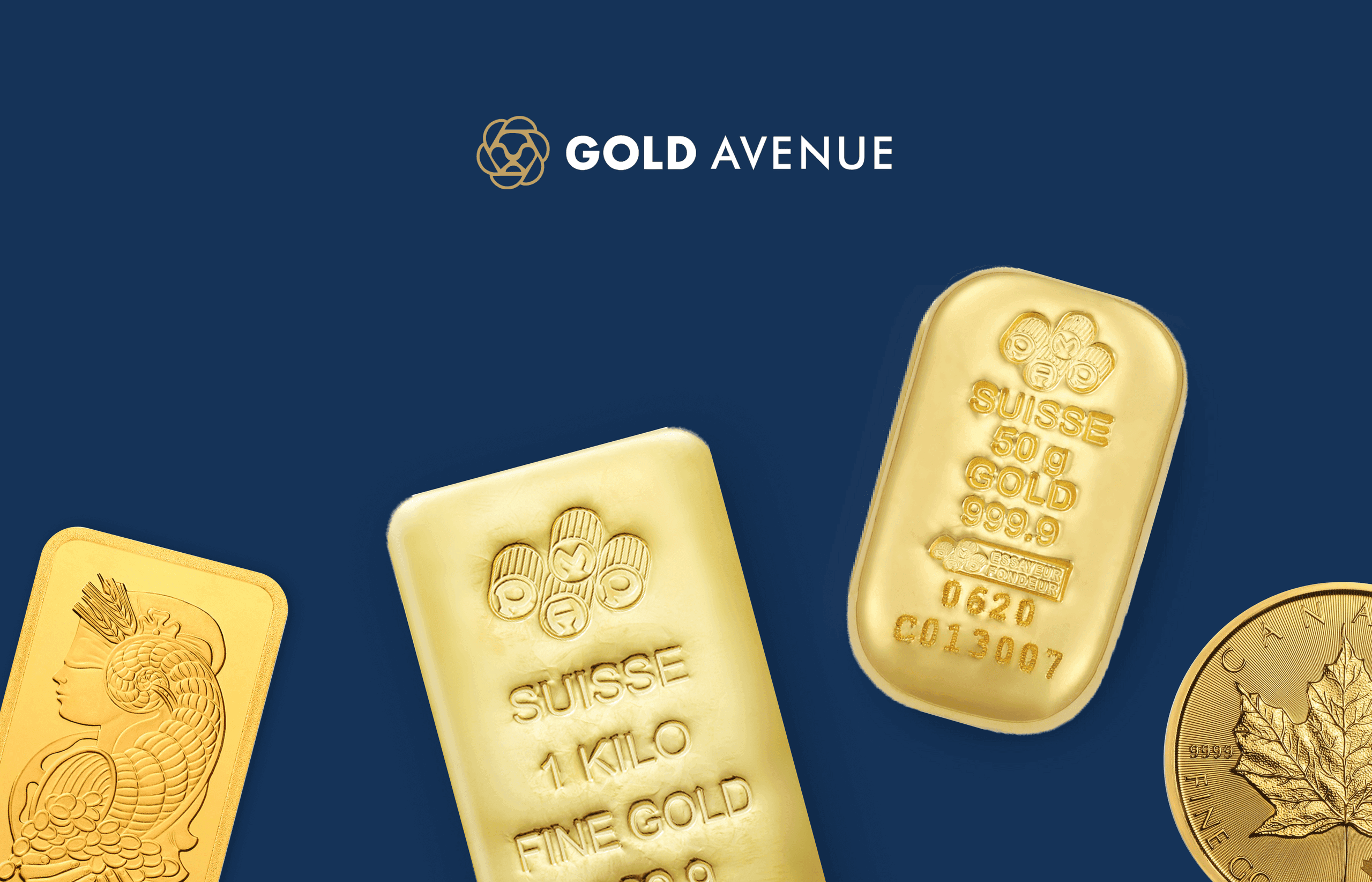 Lady Fortuna gold bar, 1 kg PAMP Suisse gold bar, 50 g PAMP Suisse gold bar, and Canadian Maple Leaf gold coin Lady Fortuna gold bar, 1 kg PAMP Suisse gold bar, 50 g PAMP Suisse gold bar, and Canadian Maple Leaf gold coin