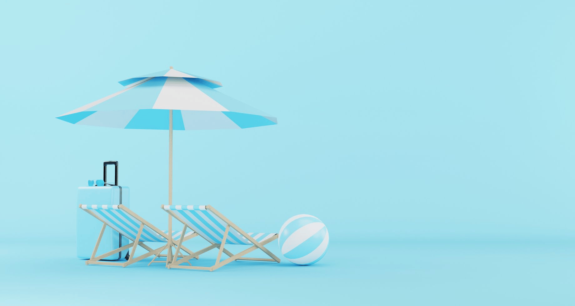deux chaises de plage rayées avec une valise, un parapluie et un ballon de plage sur un fond bleu clair. deux chaises de plage rayées avec une valise, un parapluie et un ballon de plage sur un fond bleu clair.