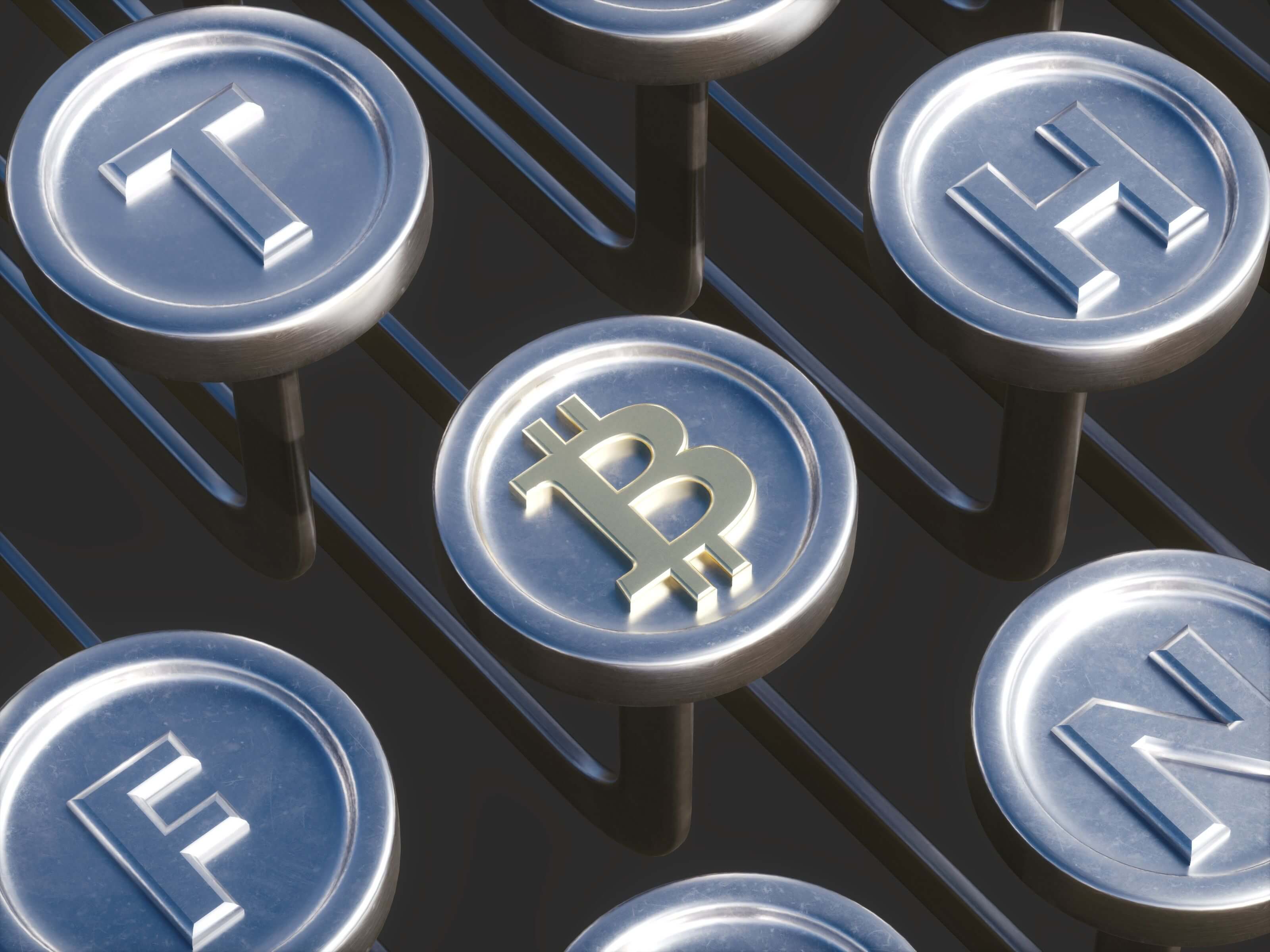 Perché le criptovalute sono così volatili? Il Bitcoin e le altre criptovalute principali raffigurate come pulsanti di una macchina da stampa