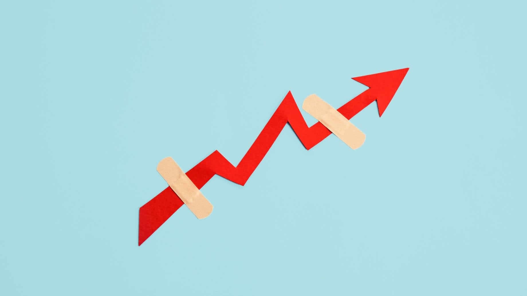 Es ist unwahrscheinlich, dass sich der Aktienmarkt erholt, solange die Wirtschaftsdaten nicht beweisen, dass sich die Inflation verlangsamt hat, wie im Bild mit dem rot geflickten Pfeil auf blauem Hintergrund zu sehen ist Es ist unwahrscheinlich, dass sich der Aktienmarkt erholt, solange die Wirtschaftsdaten nicht beweisen, dass sich die Inflation verlangsamt hat, wie im Bild mit dem rot geflickten Pfeil auf blauem Hintergrund zu sehen ist