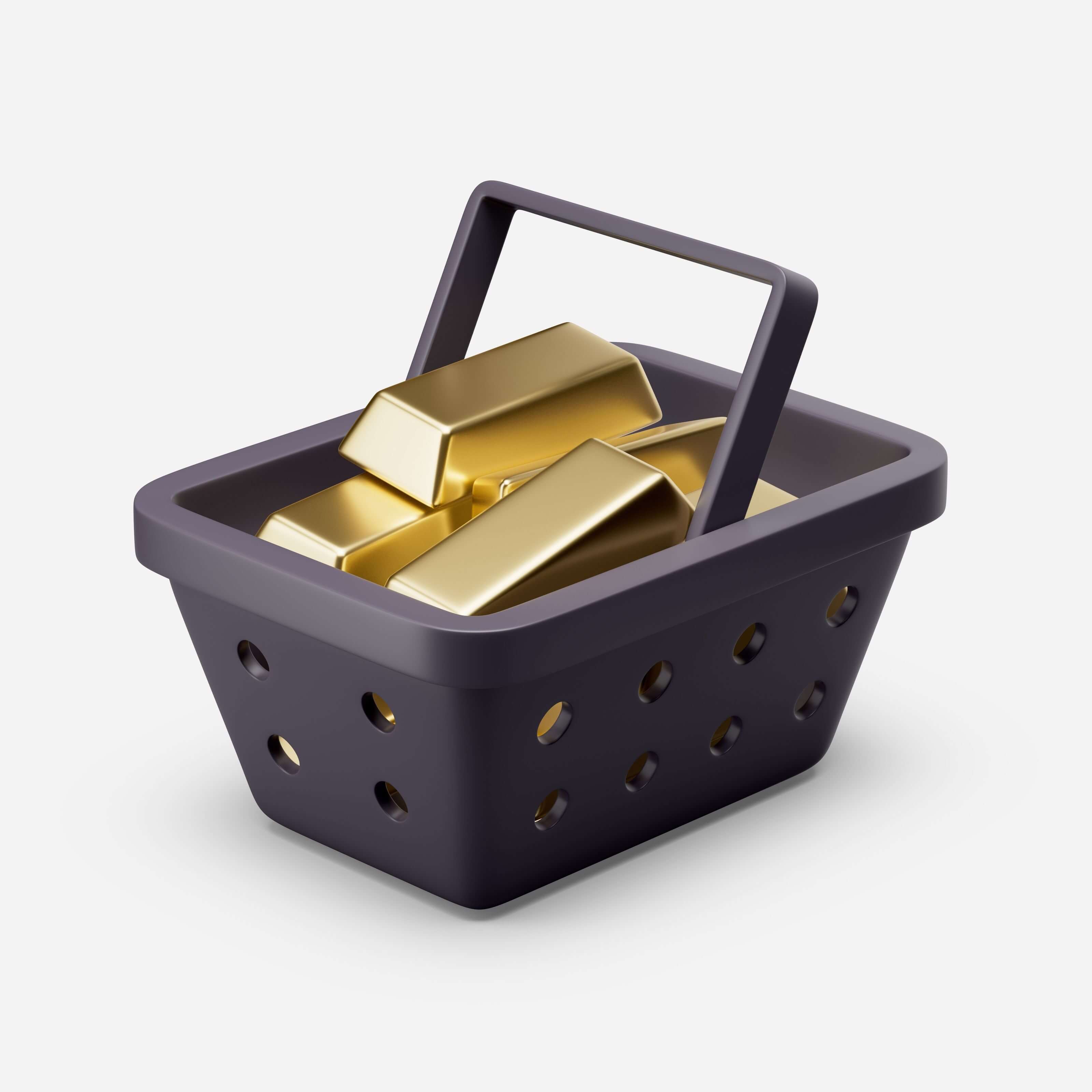 Investitionen in physisches Gold, dargestellt durch das Bild eines schwarzen Einkaufswagens voller Feingoldbarren Investitionen in physisches Gold, dargestellt durch das Bild eines schwarzen Einkaufswagens voller Feingoldbarren
