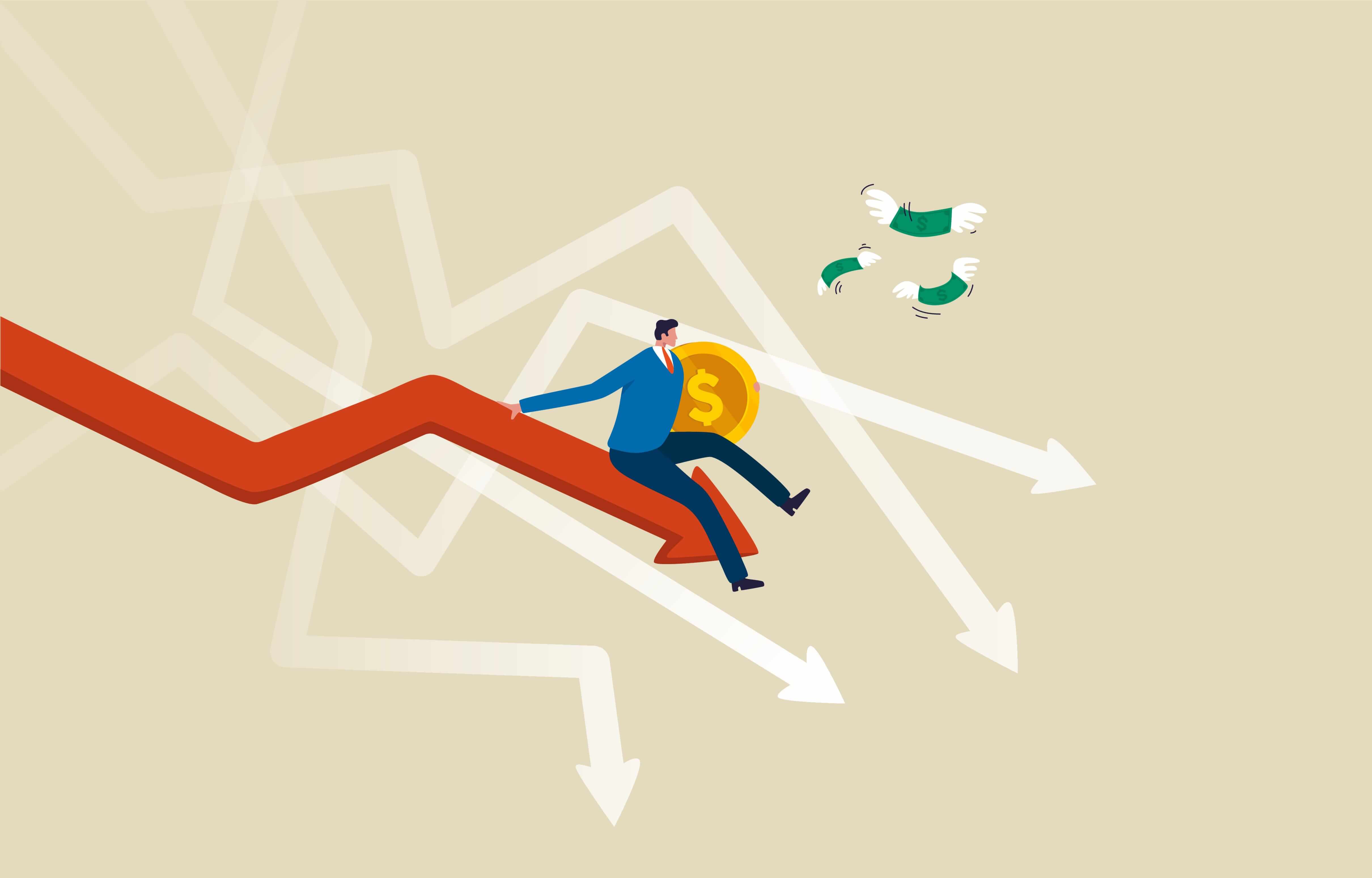 Un uomo seduto su una freccia rossa con in mano una moneta d’oro in dollari. Un uomo seduto su una freccia rossa con in mano una moneta d’oro in dollari.