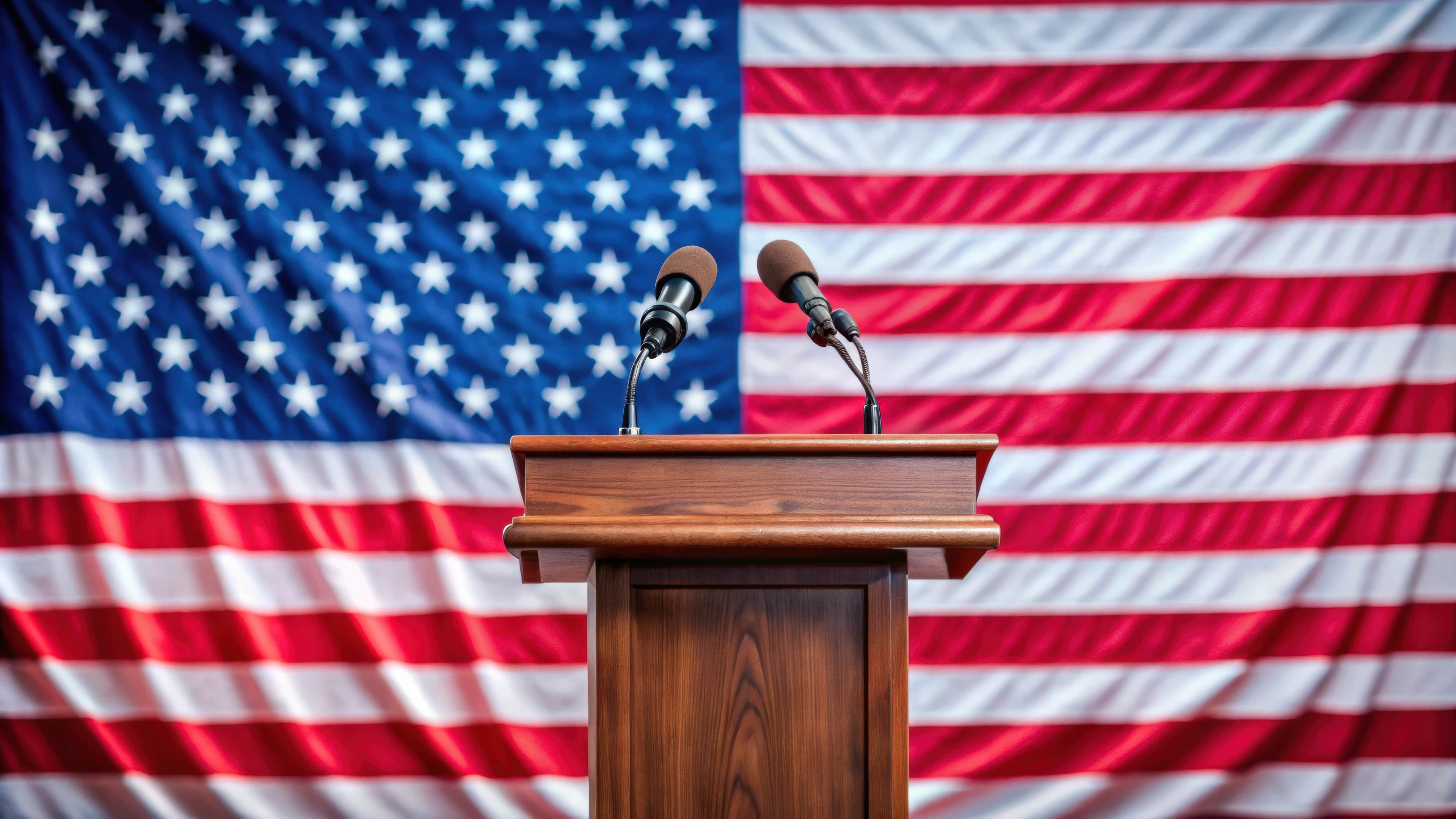 US Presidential Election 2024: How will it affect Gold? US flag with a stand with microphones