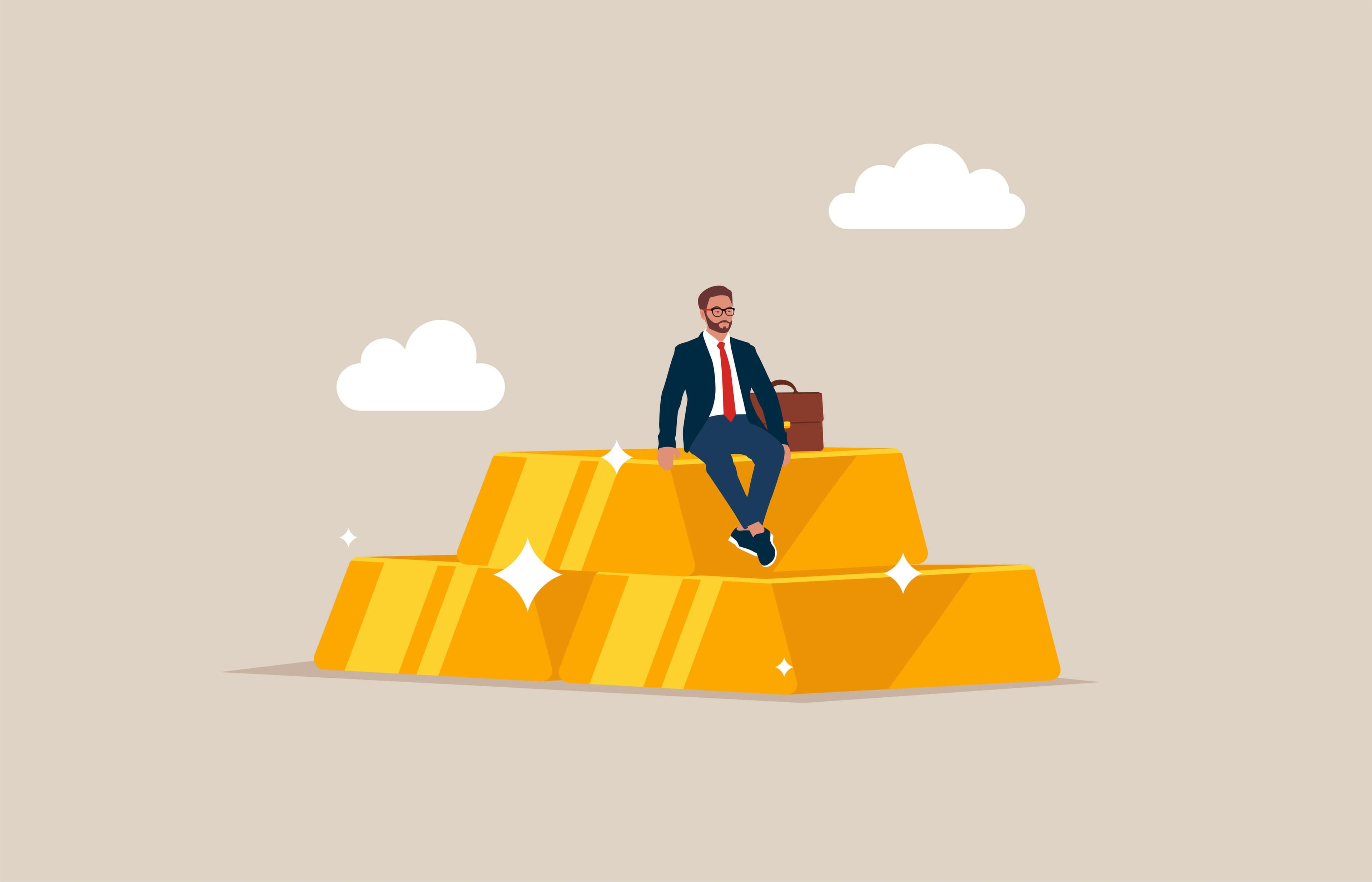 An investor sitting on a stack of gold bars An investor sitting on a stack of gold bars