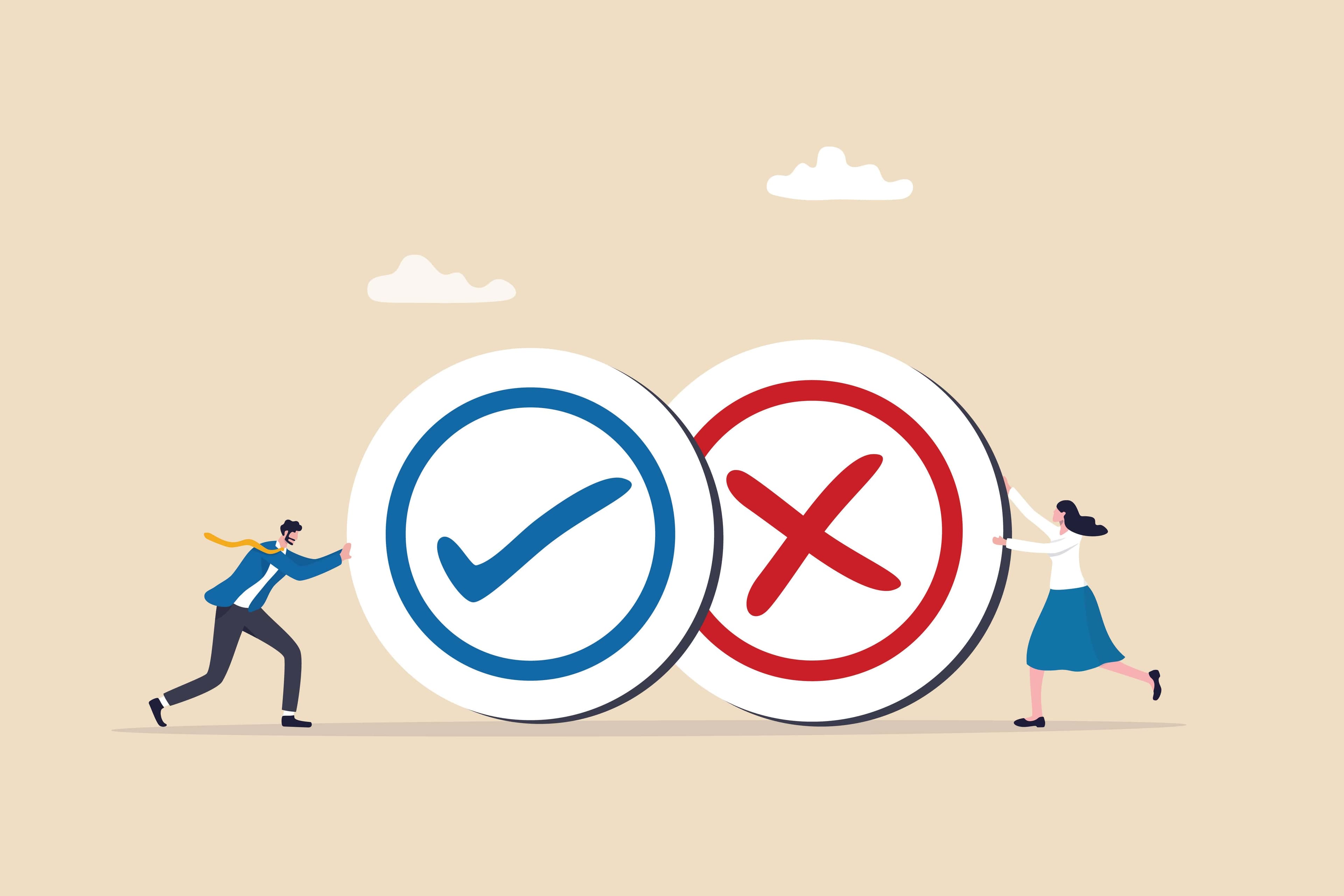 Illustration of two people pushing large circular icons—a blue checkmark and a red cross—symbolizing pros and cons or decision-making. Illustration of two people pushing large circular icons—a blue checkmark and a red cross—symbolizing pros and cons or decision-making.