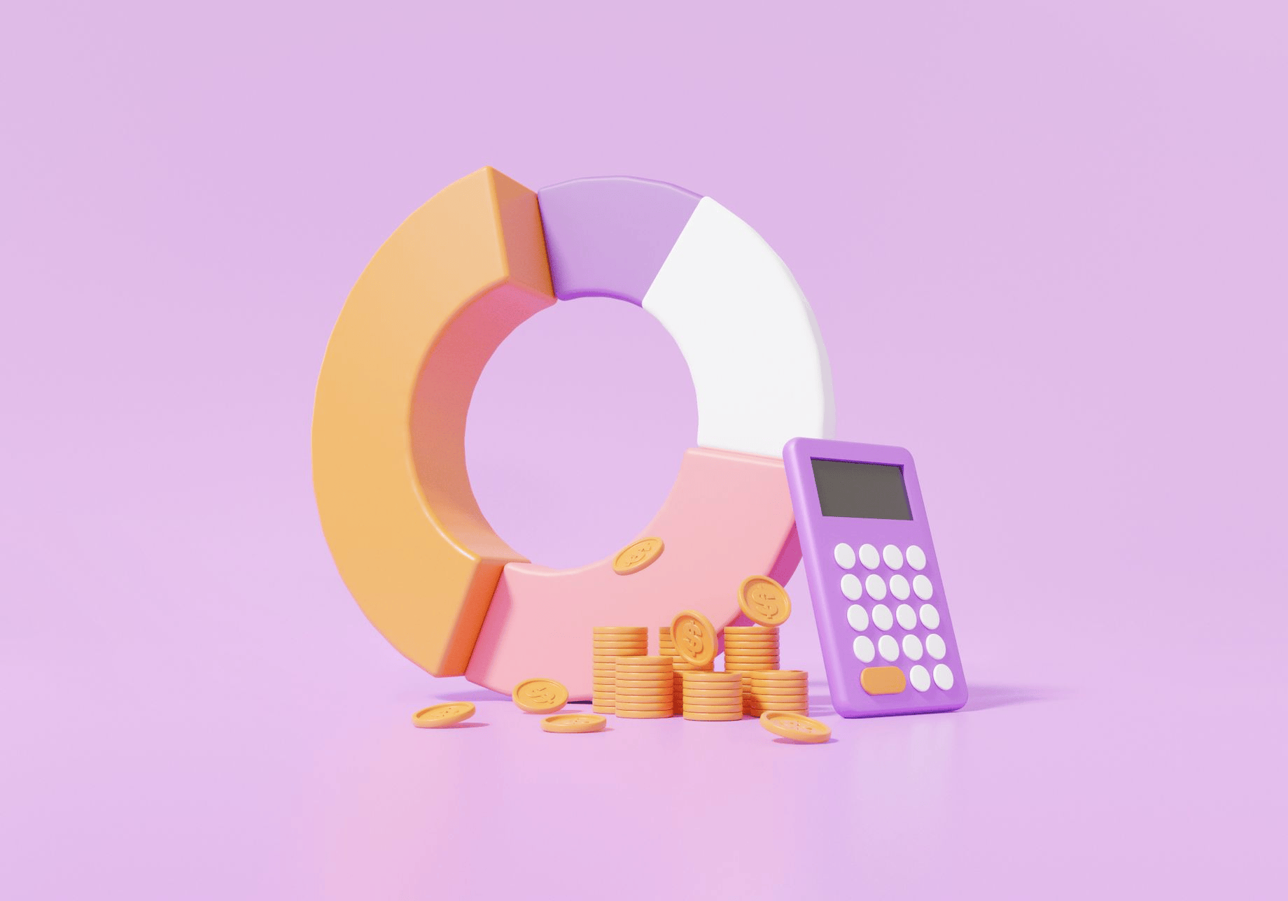 une calculatrice violette, un camembert et des pièces de monnaie dorées avec un signe de dollar sur un fond violet. une calculatrice violette, un camembert et des pièces de monnaie dorées avec un signe de dollar sur un fond violet.