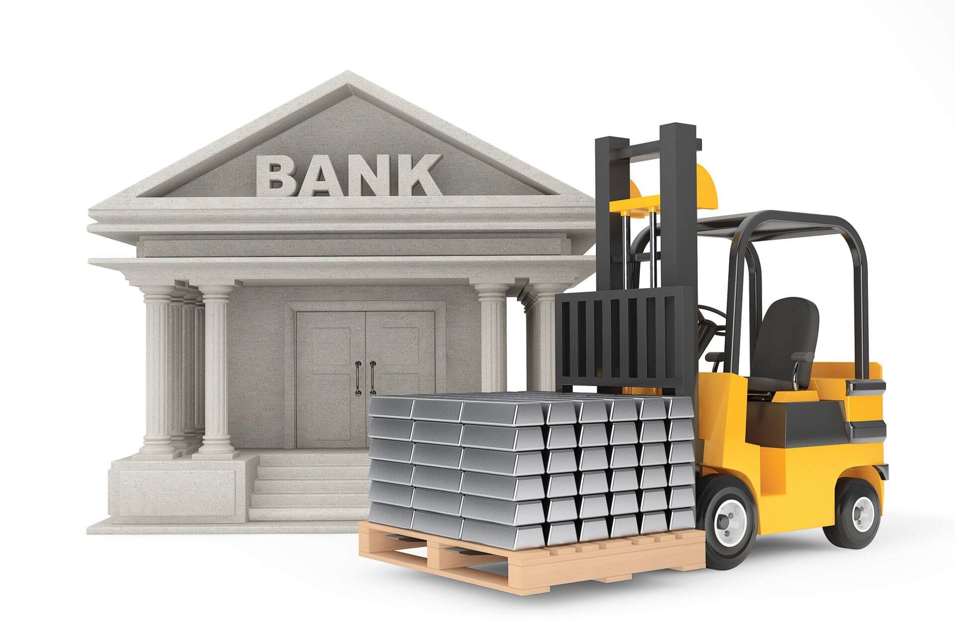 a bank building with a construction machine carrying silver bars a bank building with a construction machine carrying silver bars