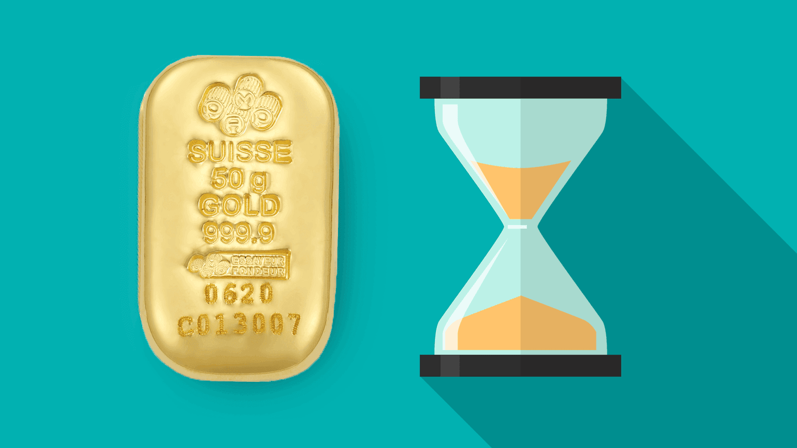 ein 50 g PAMP Suisse Goldbarren mit einer Sanduhr auf grünem Hintergrund ein 50 g PAMP Suisse Goldbarren mit einer Sanduhr auf grünem Hintergrund