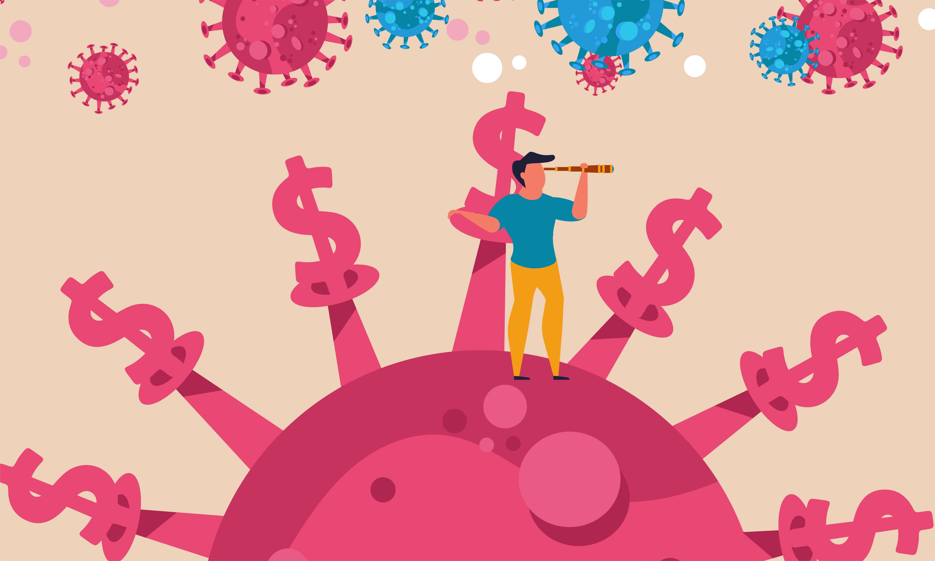 Bilan de l'année: Inflation, virus, chaos dans la chaîne d'approvisionnement un homme regardant dans un télescope un virus Covid rose avec des signes de dollars américains sur ses pointes