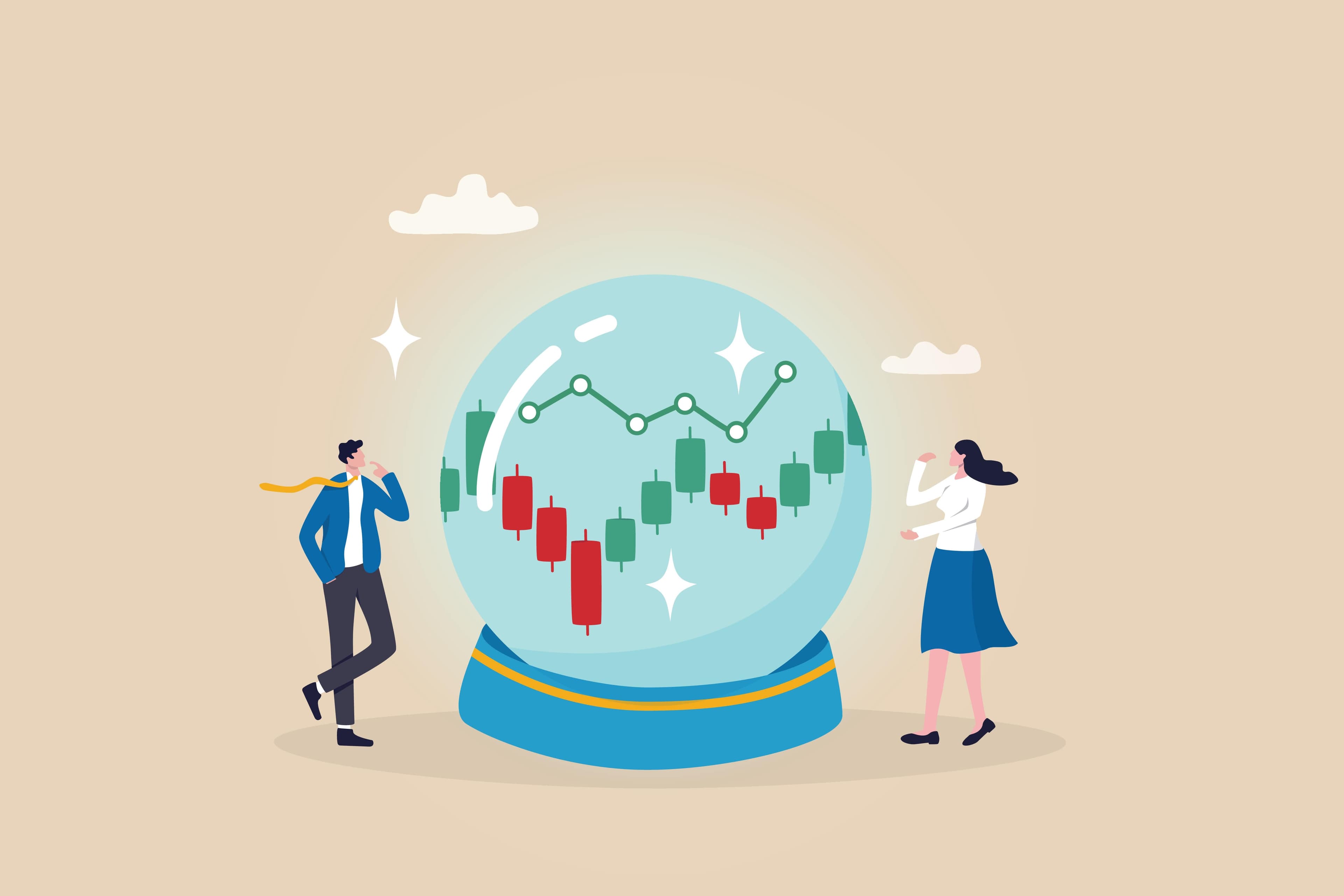 a man and a woman looking at a crystal ball with graphs a man and a woman looking at a crystal ball with graphs