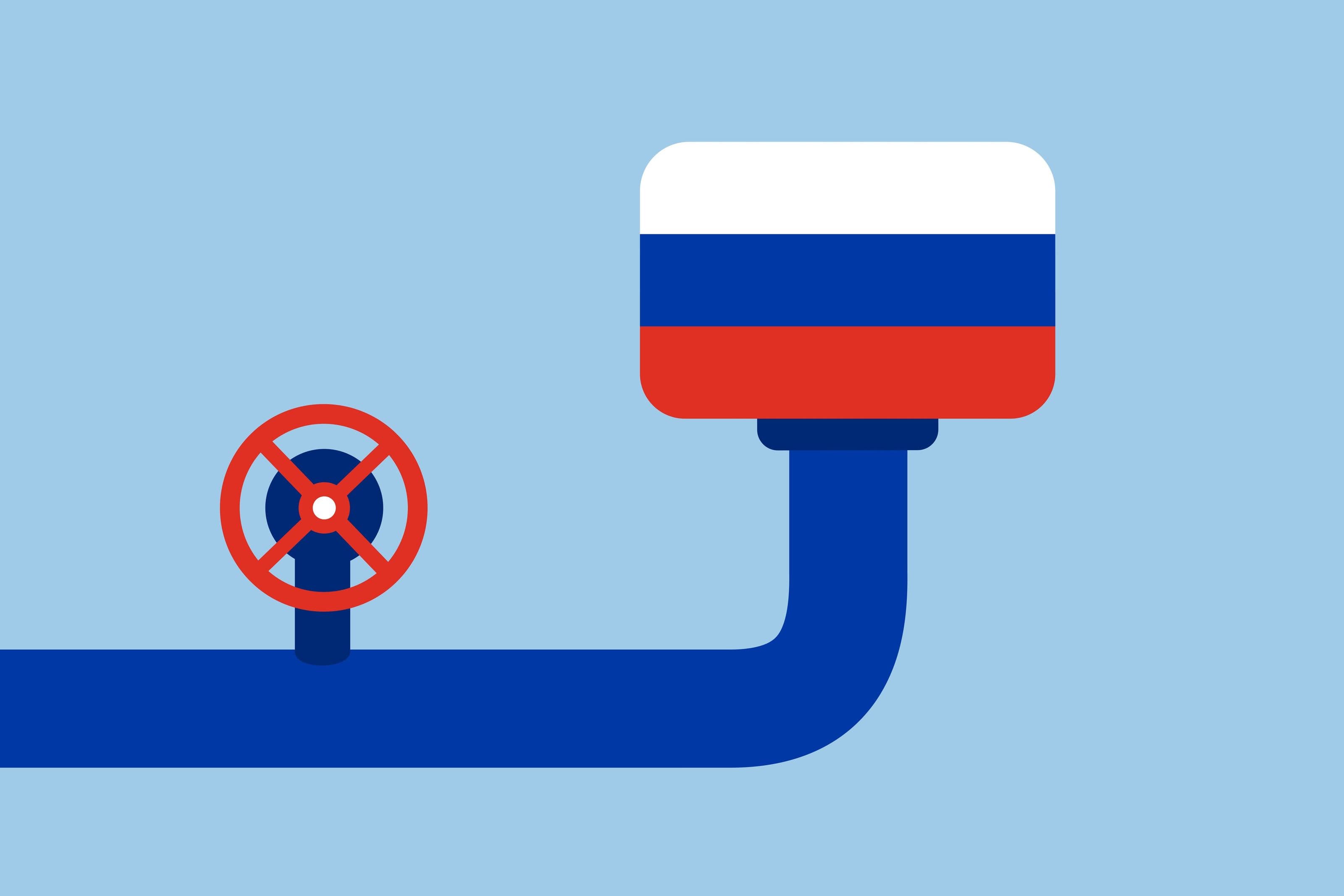Un gasdotto blu con la bandiera russa a simboleggiare lo stop delle forniture di gas russo causato dalle sanzioni UE e dalle ritorsioni della Russia in seguito all’invasione dell’Ucraina da parte di Mosca. Un gasdotto blu con la bandiera russa a simboleggiare lo stop delle forniture di gas russo causato dalle sanzioni UE e dalle ritorsioni della Russia in seguito all’invasione dell’Ucraina da parte di Mosca.
