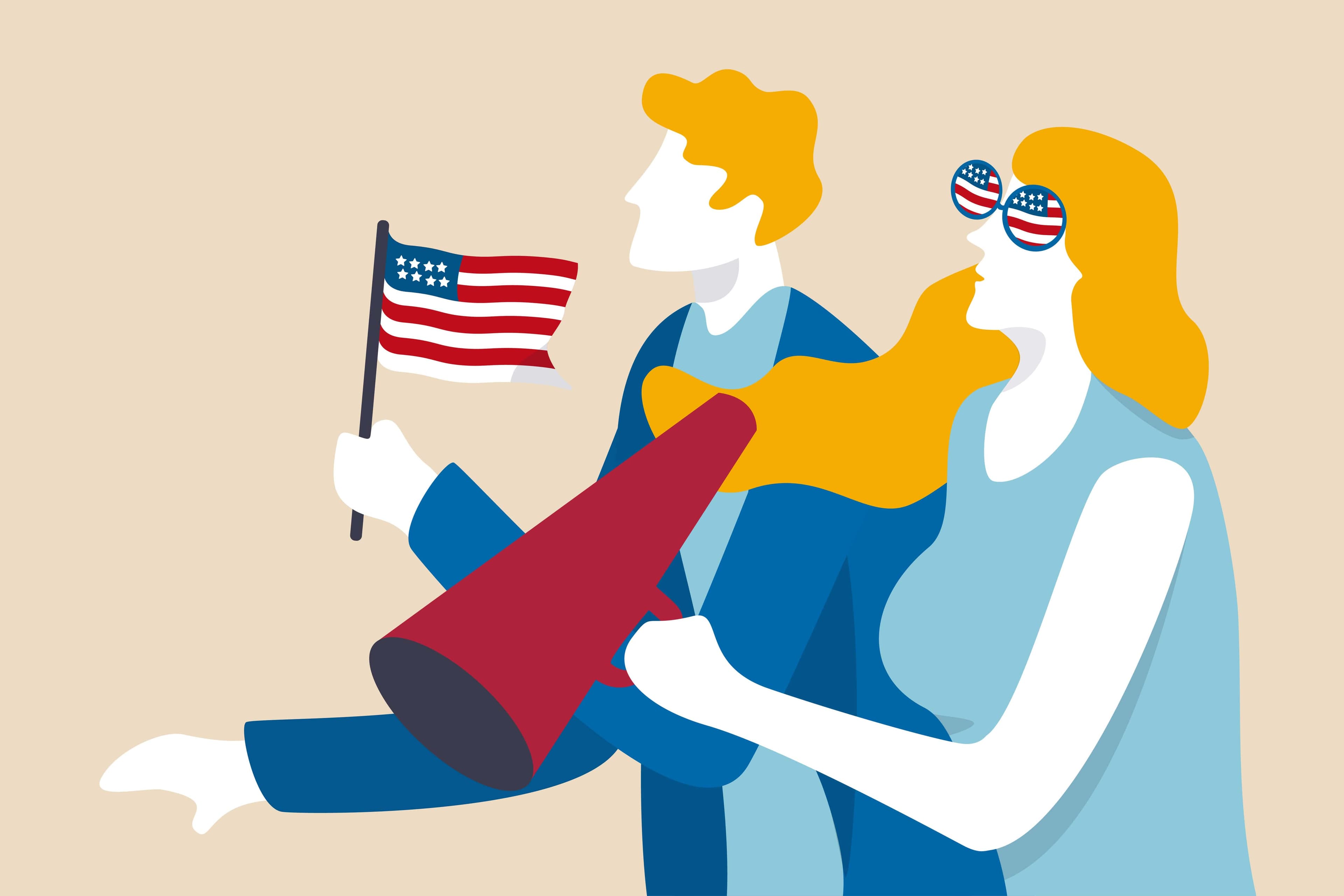 Zwei Personen. Eine hält eine Flagge der Vereinigten Staaten in der Hand, die andere trägt Sonnenbrillen mit einem US-amerikanischen Muster und hält ein Megafon. Zwei Personen. Eine hält eine Flagge der Vereinigten Staaten in der Hand, die andere trägt Sonnenbrillen mit einem US-amerikanischen Muster und hält ein Megafon.