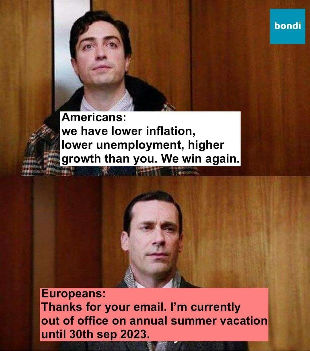 Ein Meme, das sich über die Unterschiede zwischen Europäern und Amerikanern lustig macht Ein Meme, das sich über die Unterschiede zwischen Europäern und Amerikanern lustig macht