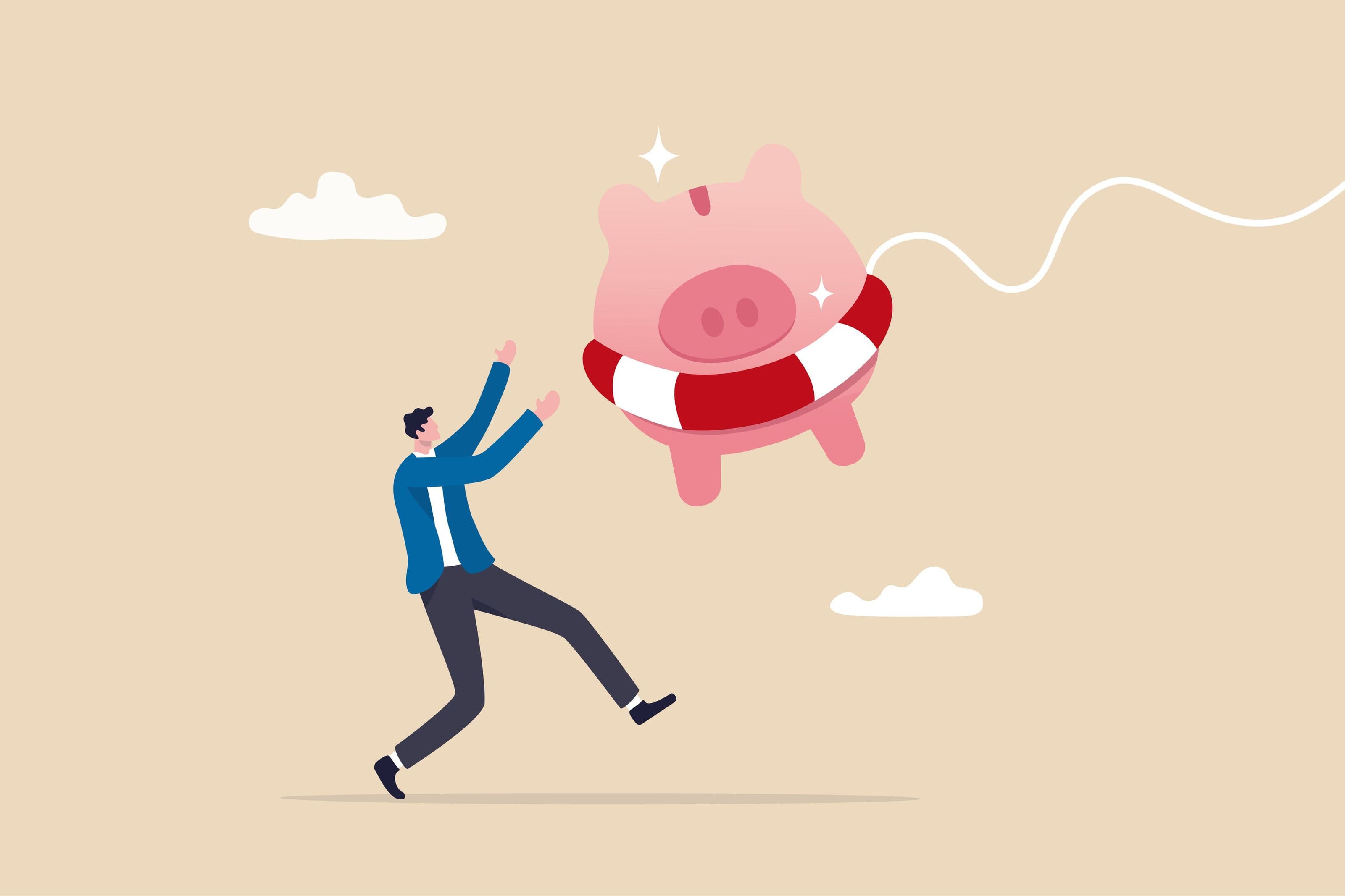 La creazione di un fondo per le emergenze per iniziare a investire rappresentata da una vignetta con un uomo che cerca di acchiappare un palloncino rosa a forma di salvadanaio maialino. La creazione di un fondo per le emergenze per iniziare a investire rappresentata da una vignetta con un uomo che cerca di acchiappare un palloncino rosa a forma di salvadanaio maialino.