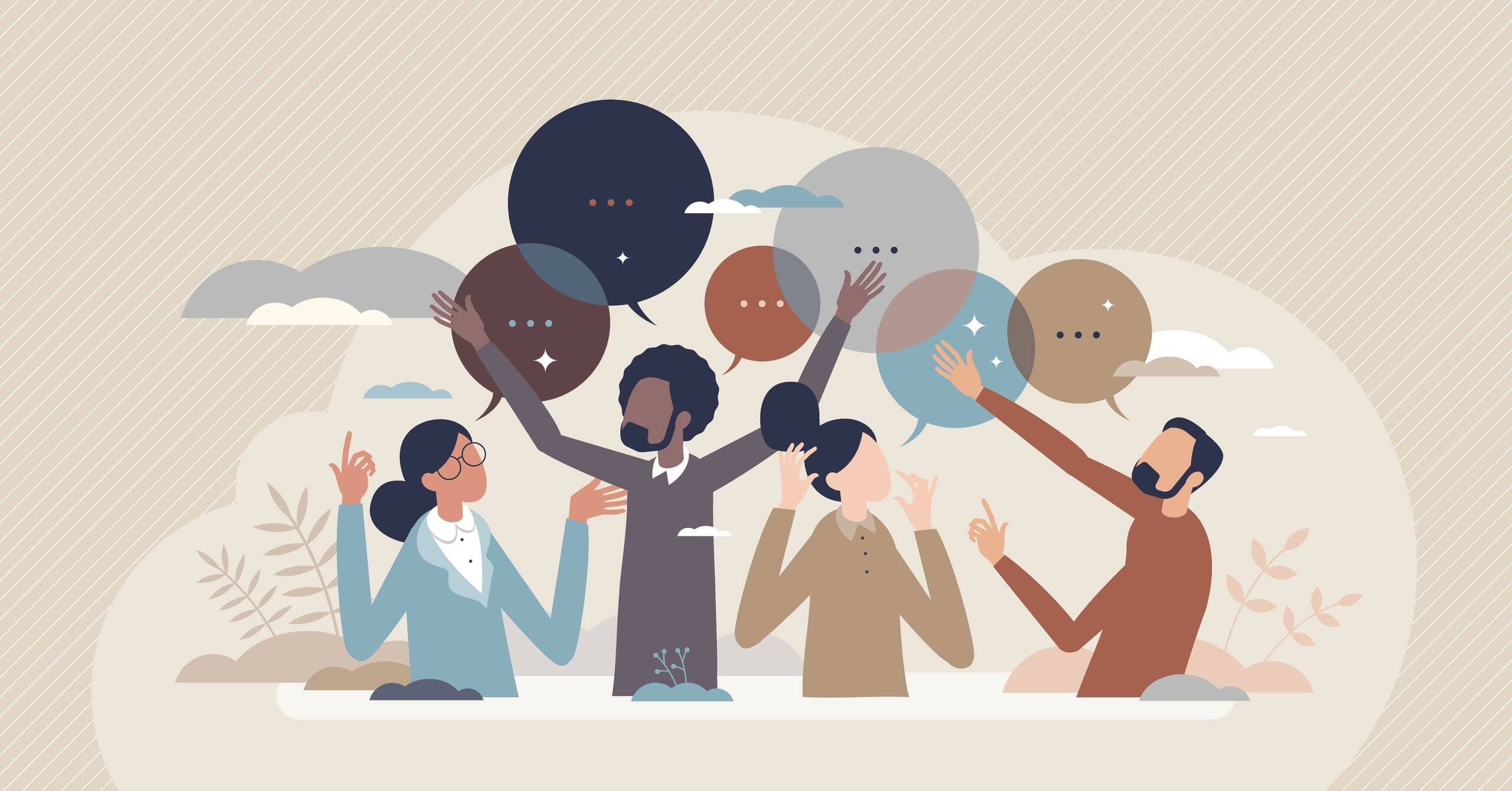 An illustration of cartoon people with dialogue bubbles above their heads representing different investment narratives. An illustration of cartoon people with dialogue bubbles above their heads representing different investment narratives.