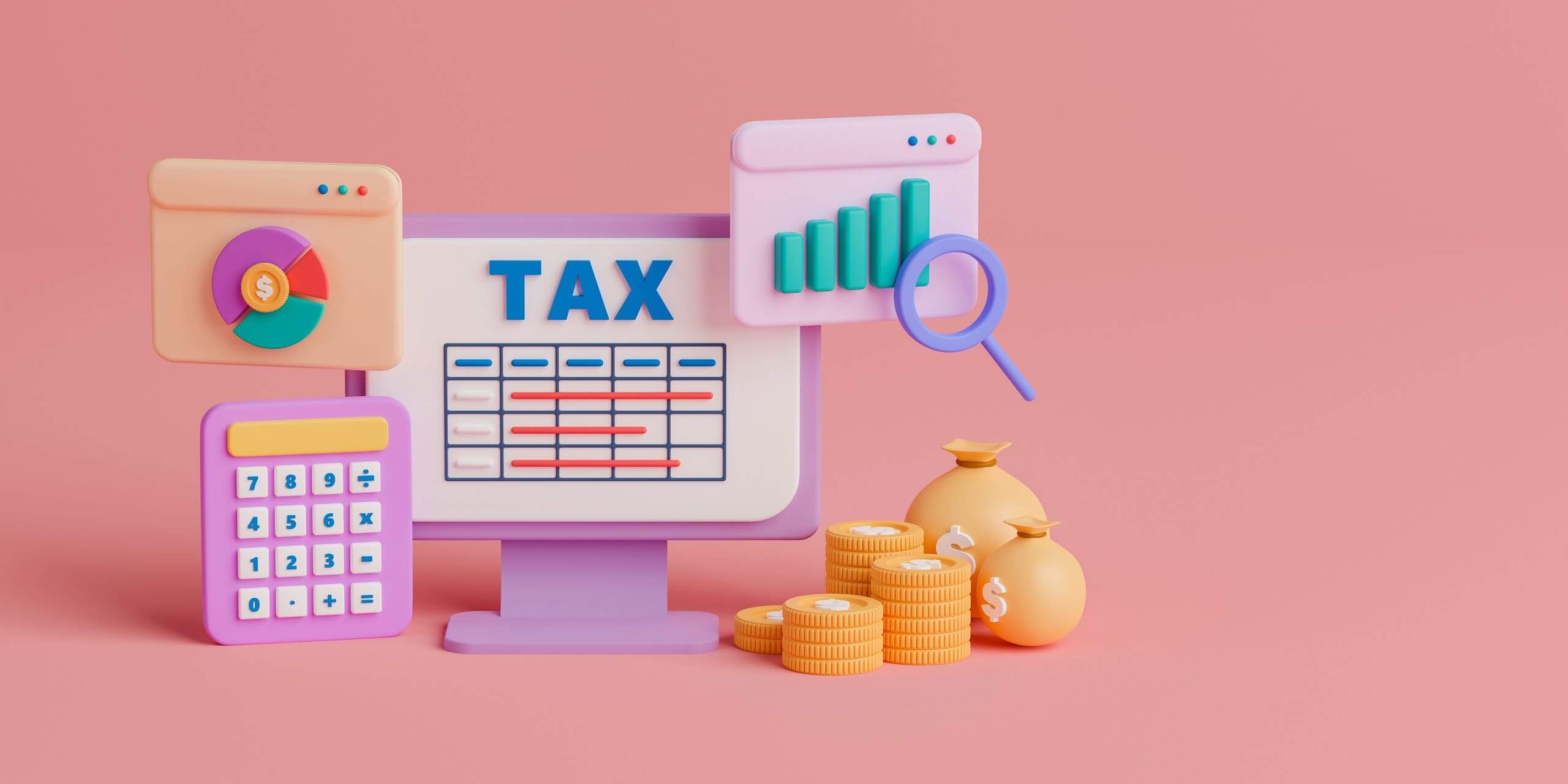 A Comprehensive Guide to Investment Taxes: What Savers and Investors Need To Know a screen with tax table, a calculator, a graph, and a pie chart with US dollar coins on a pink background