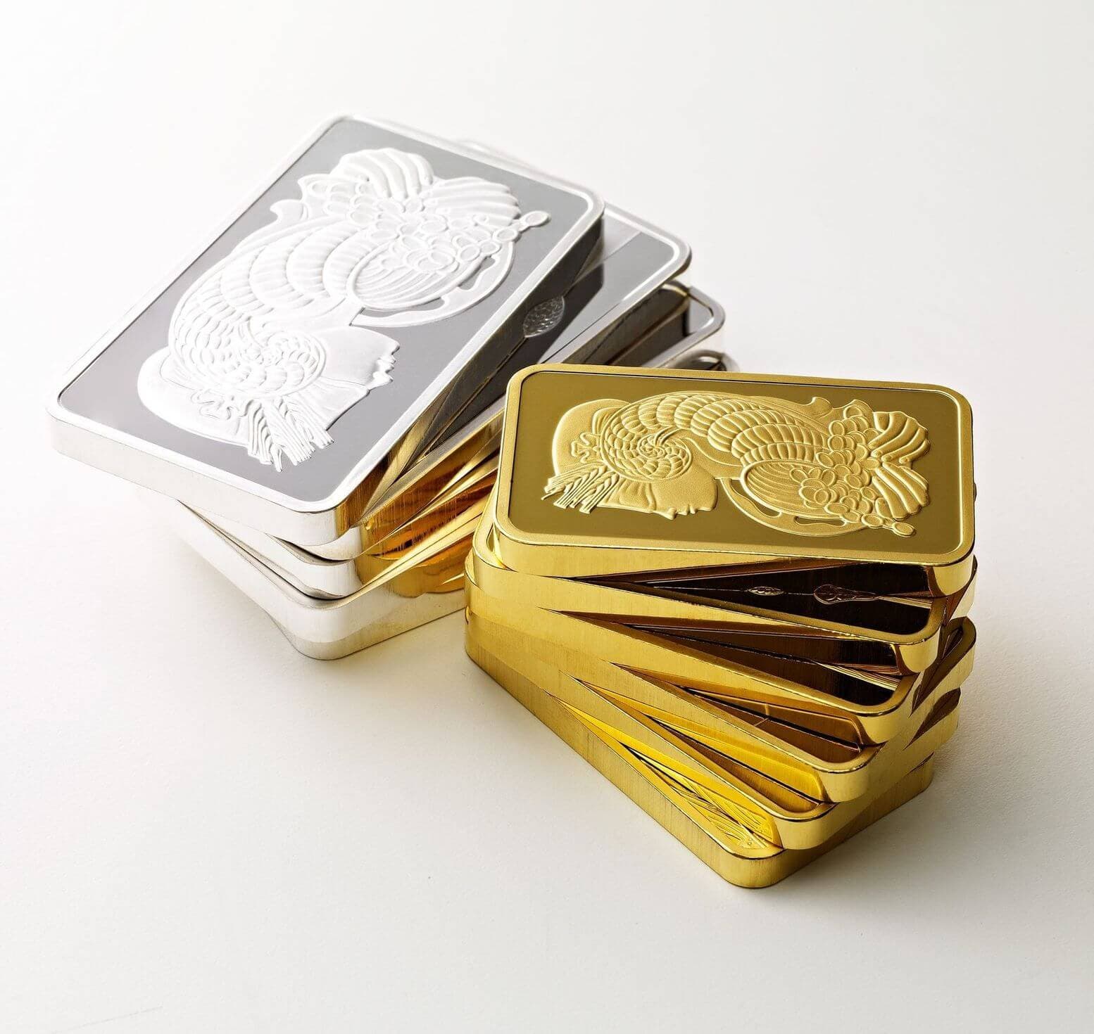 gold and silver Lady Fortuna ingots by PAMP gold and silver Lady Fortuna ingots by PAMP