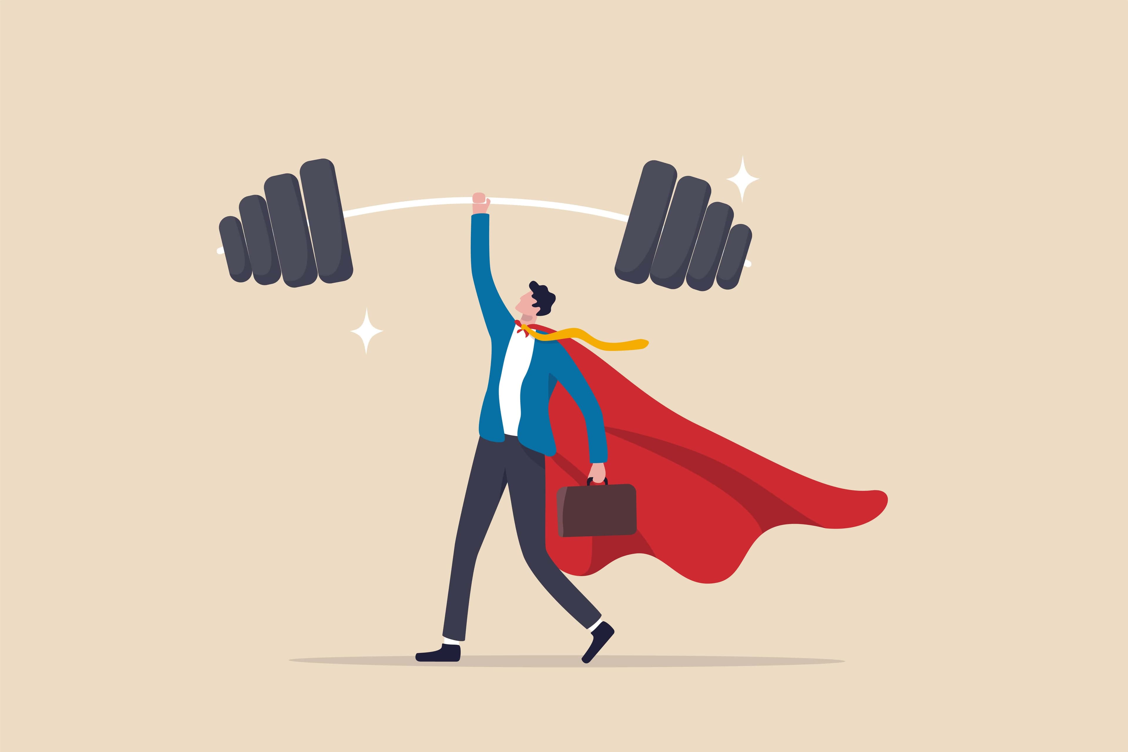 Illustration of a businessman wearing a red cape and lifting a heavy barbell with one hand, symbolizing strength, success, and confidence. Illustration of a businessman wearing a red cape and lifting a heavy barbell with one hand, symbolizing strength, success, and confidence.