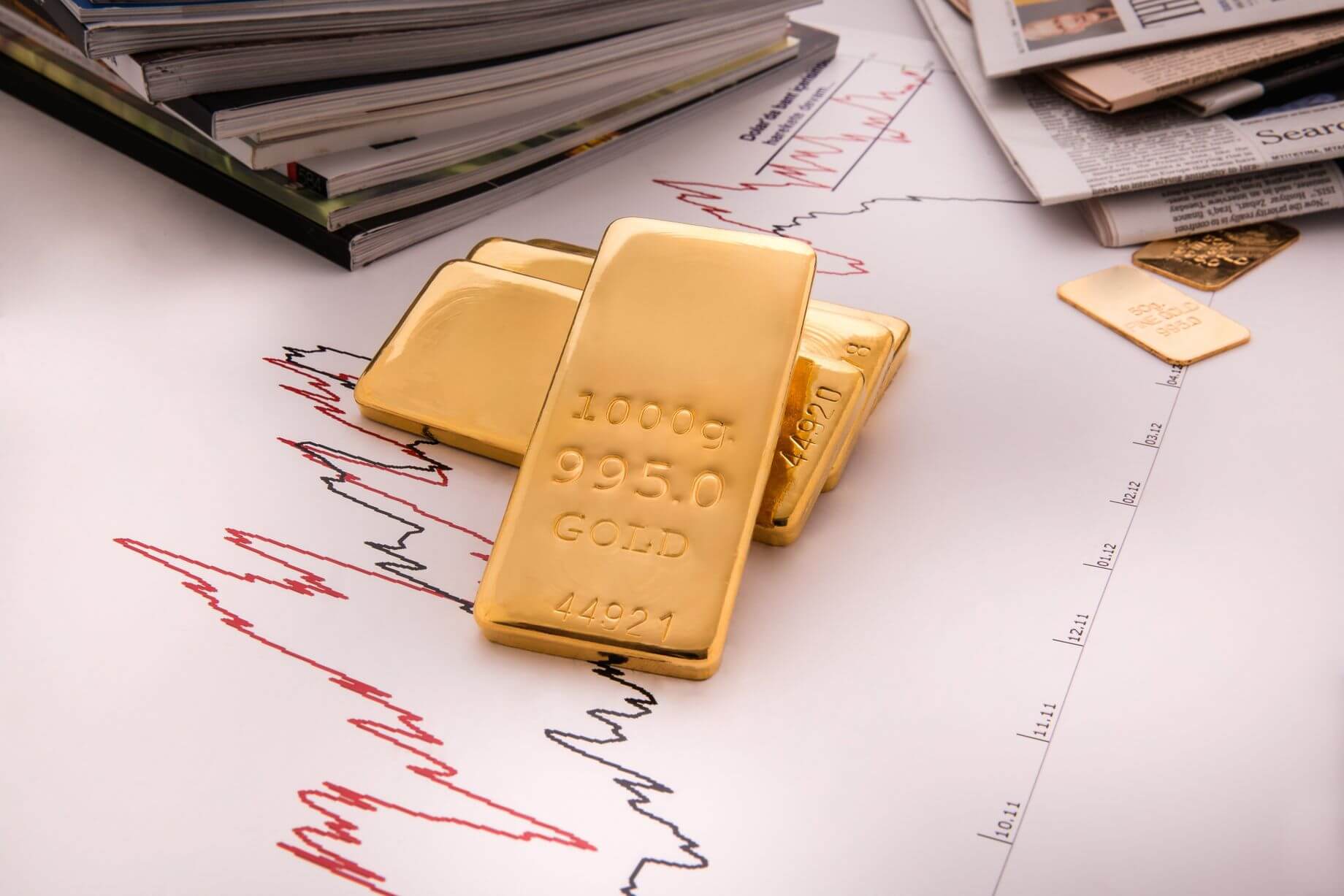 the price of gold rising represented in a picture of two gold ingots lying on a white paper with graphs the price of gold rising represented in a picture of two gold ingots lying on a white paper with graphs